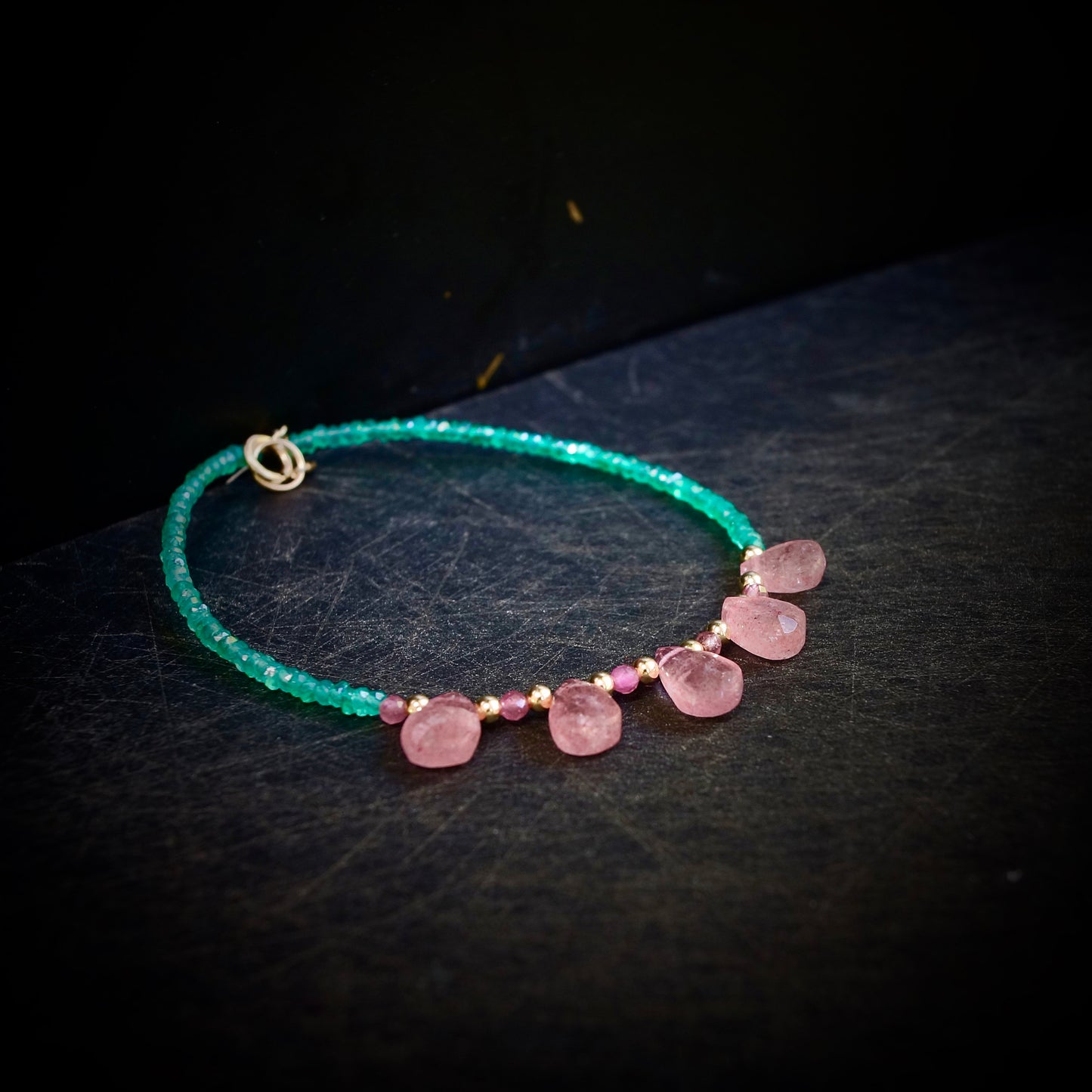 14K Solid Gold: Green Onyx Bracelet | Strawberry Quartz Bracelet| Green and Pink | Bohemian | Emerald Green | Antique Pink|  Fine Jewelry