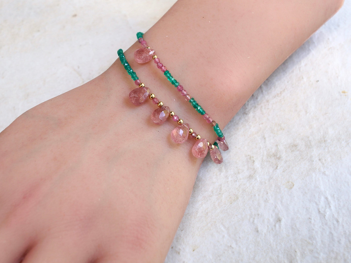 14K Solid Gold: Green Onyx Bracelet | Strawberry Quartz Bracelet| Green and Pink | Bohemian | Emerald Green | Antique Pink|  Fine Jewelry