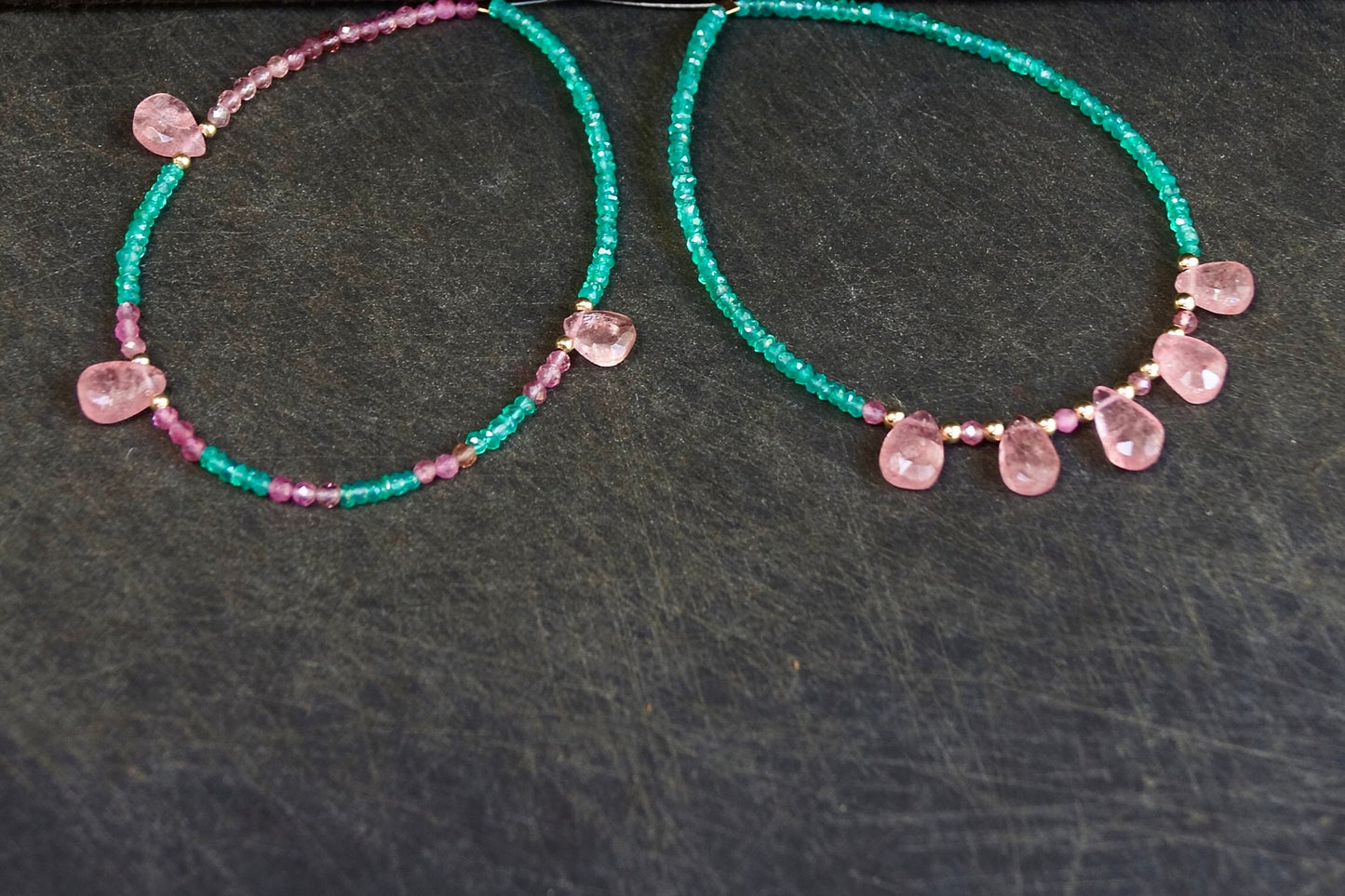 14K Solid Gold: Green Onyx Bracelet | Strawberry Quartz Bracelet| Green and Pink | Bohemian | Emerald Green | Antique Pink|  Fine Jewelry