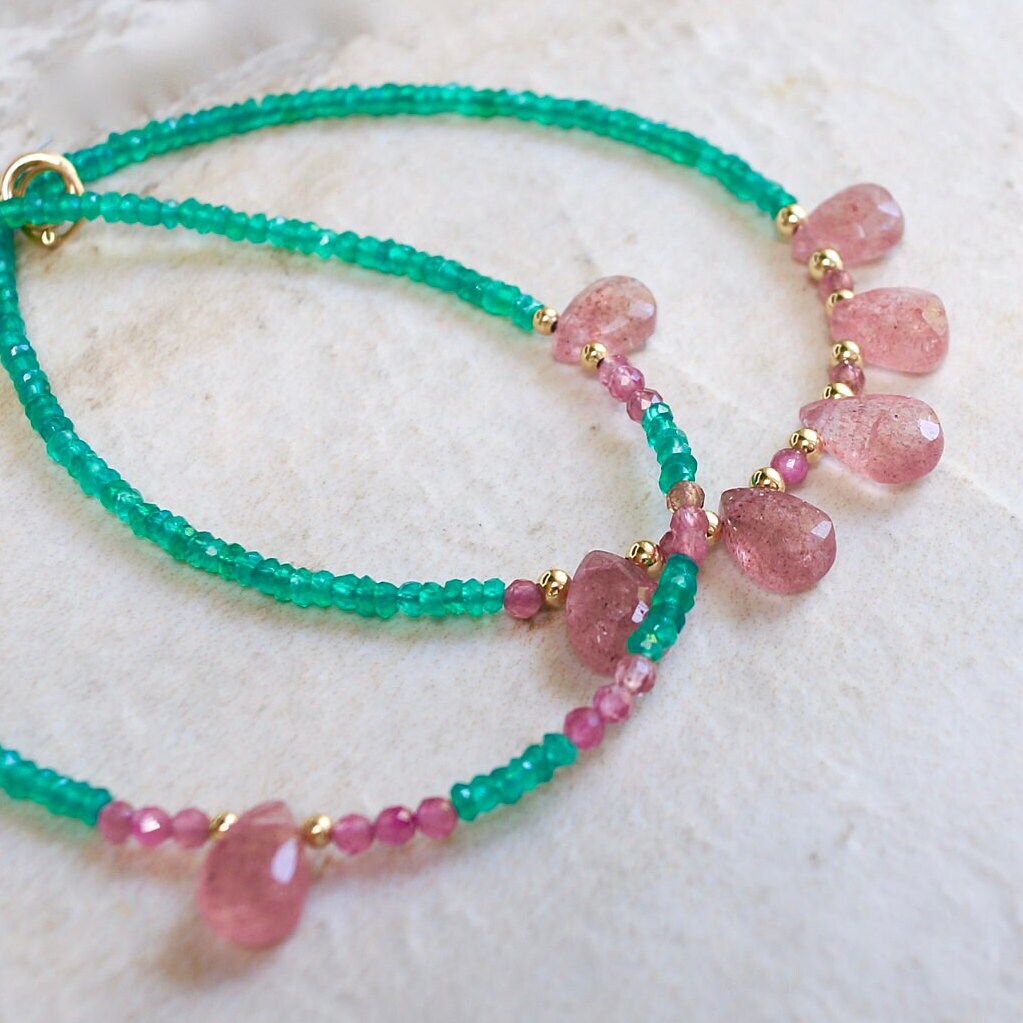 14K Solid Gold: Green Onyx Bracelet | Strawberry Quartz Bracelet| Green and Pink | Bohemian | Emerald Green | Antique Pink|  Fine Jewelry