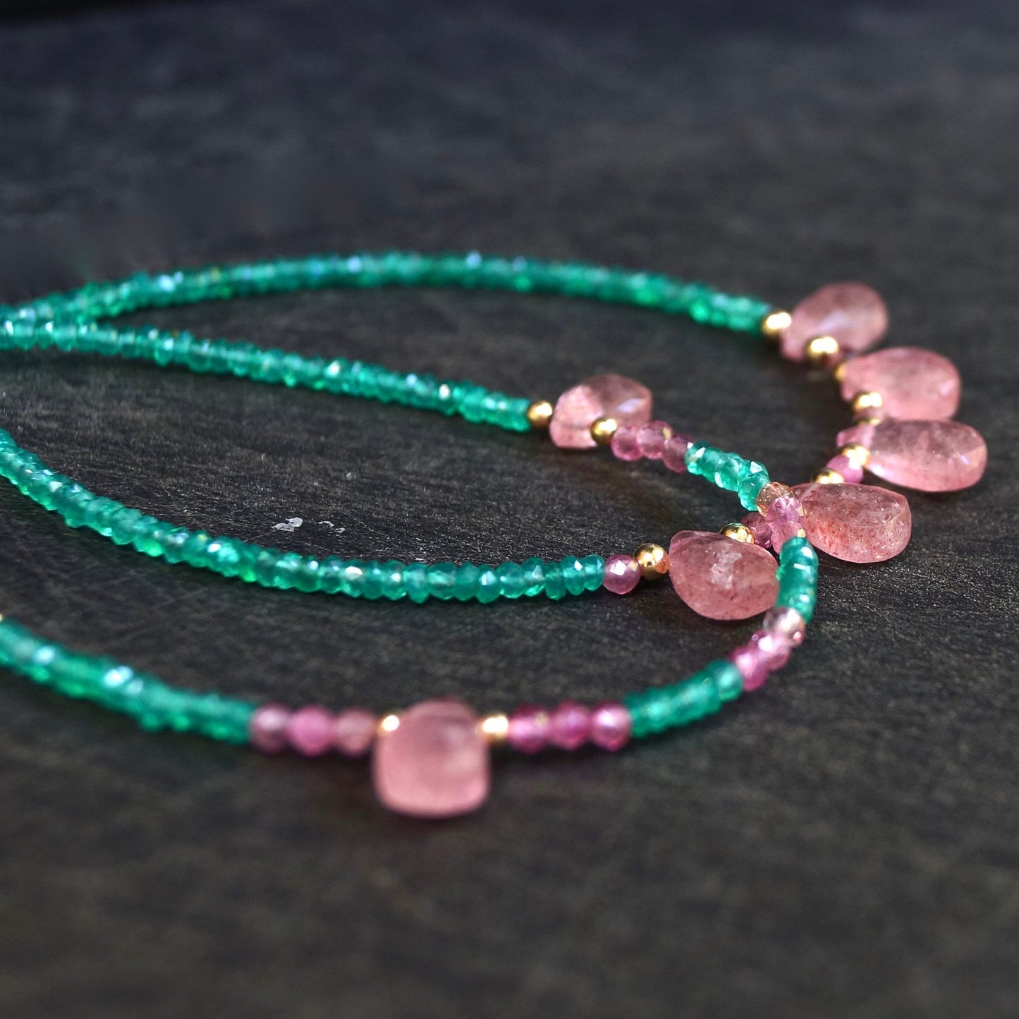 14K Solid Gold: Green Onyx Bracelet | Strawberry Quartz Bracelet| Green and Pink | Bohemian | Emerald Green | Antique Pink|  Fine Jewelry