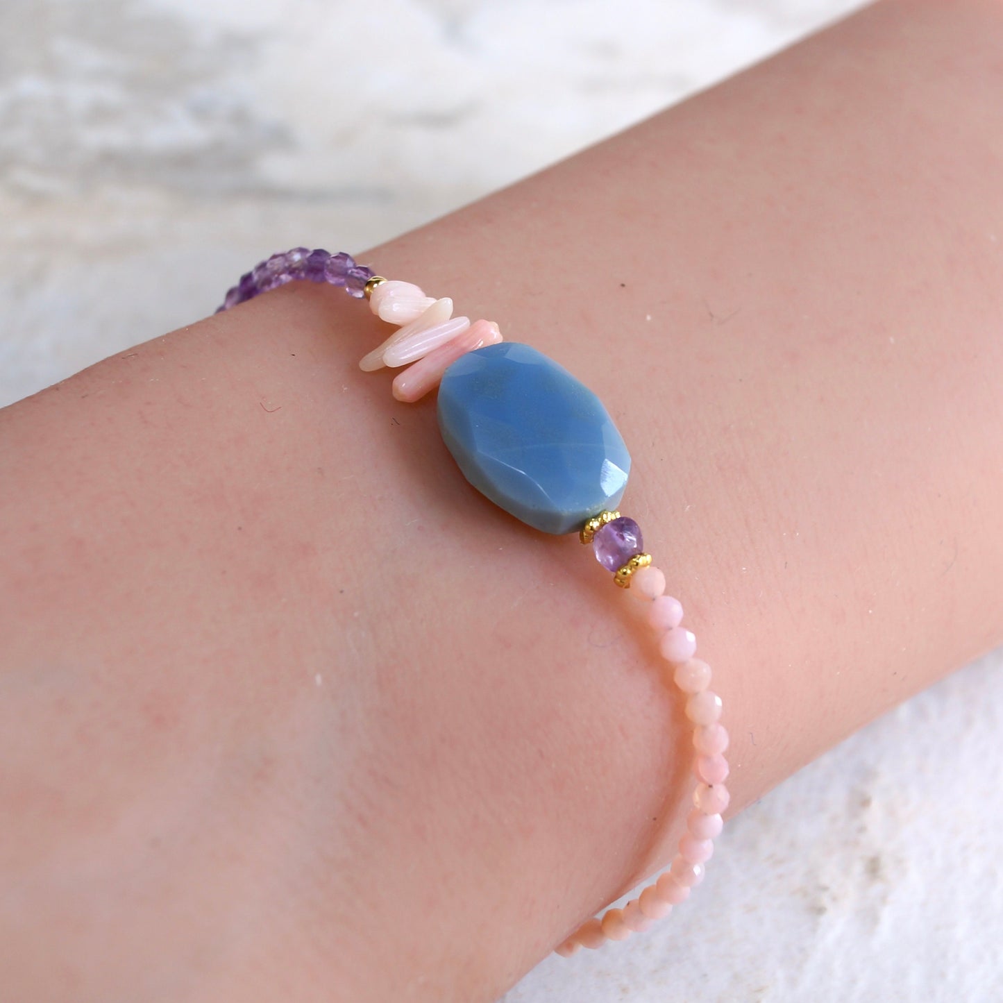 14K Solid Gold: Blue Opal Bracelet | Pink Opal Bracelet | Amethyst Bracelet| Bohemian | Pastel Blue and Pink | Fine Jewelry