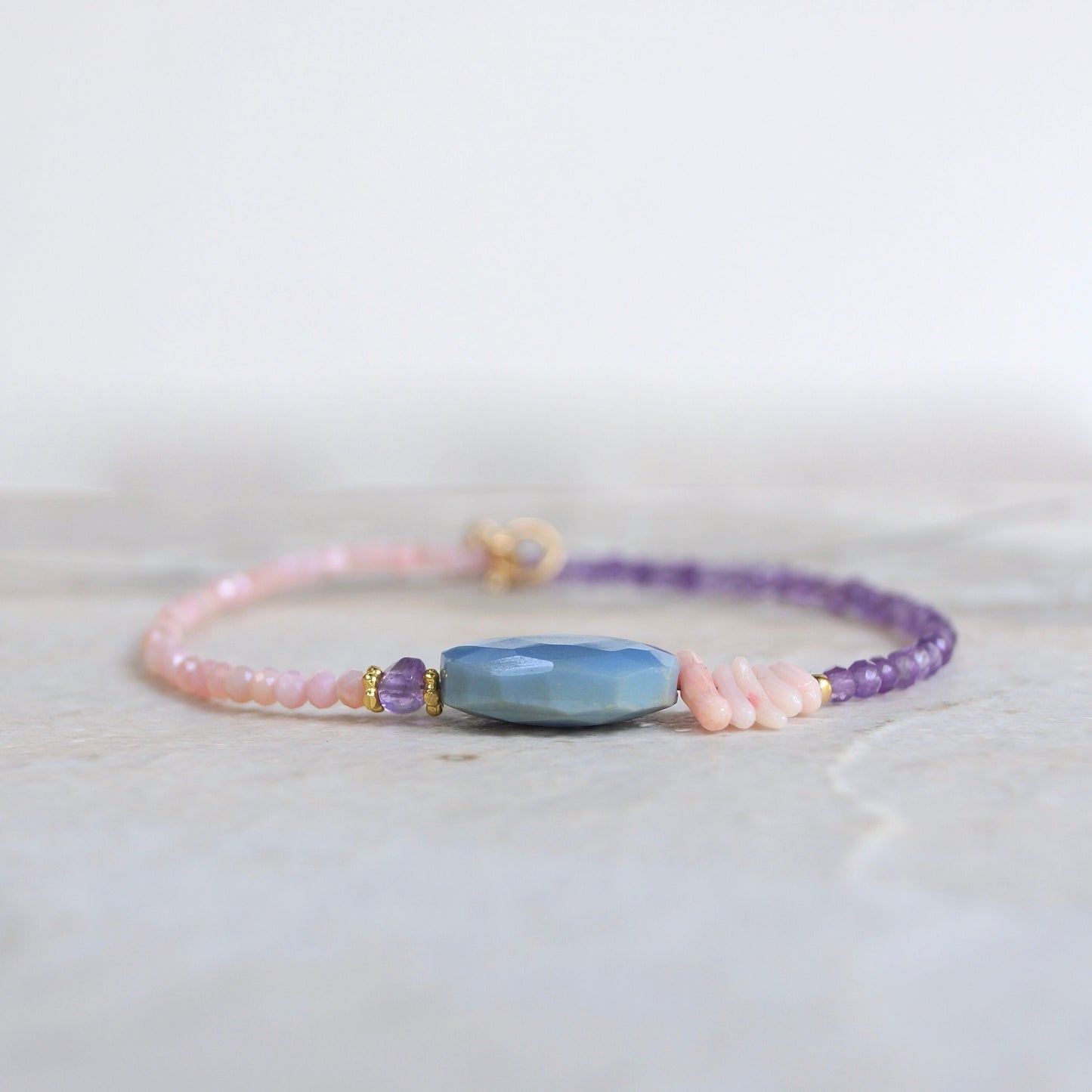 14K Solid Gold: Blue Opal Bracelet | Pink Opal Bracelet | Amethyst Bracelet| Bohemian | Pastel Blue and Pink | Fine Jewelry