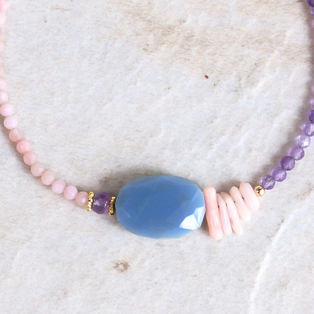 14K Solid Gold: Blue Opal Bracelet | Pink Opal Bracelet | Amethyst Bracelet| Bohemian | Pastel Blue and Pink | Fine Jewelry