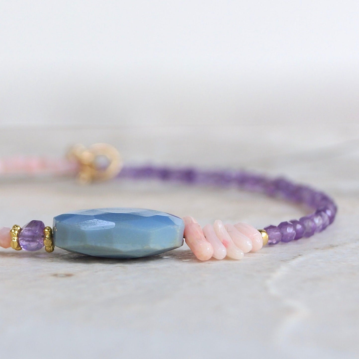 14K Solid Gold: Blue Opal Bracelet | Pink Opal Bracelet | Amethyst Bracelet| Bohemian | Pastel Blue and Pink | Fine Jewelry