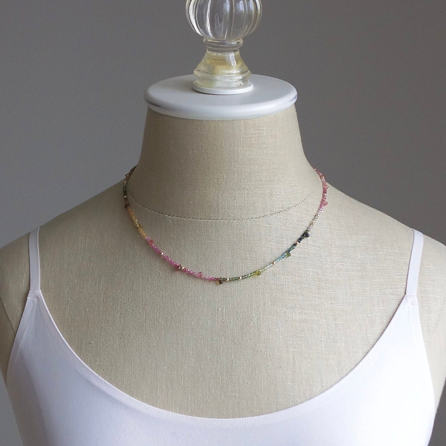 14K Solid Gold: Tourmaline Necklace| Watermelon| Pink| Blue| Green| Ombre| Gradient| Multi Color Gemstone| Fine Jewelry| Skinny