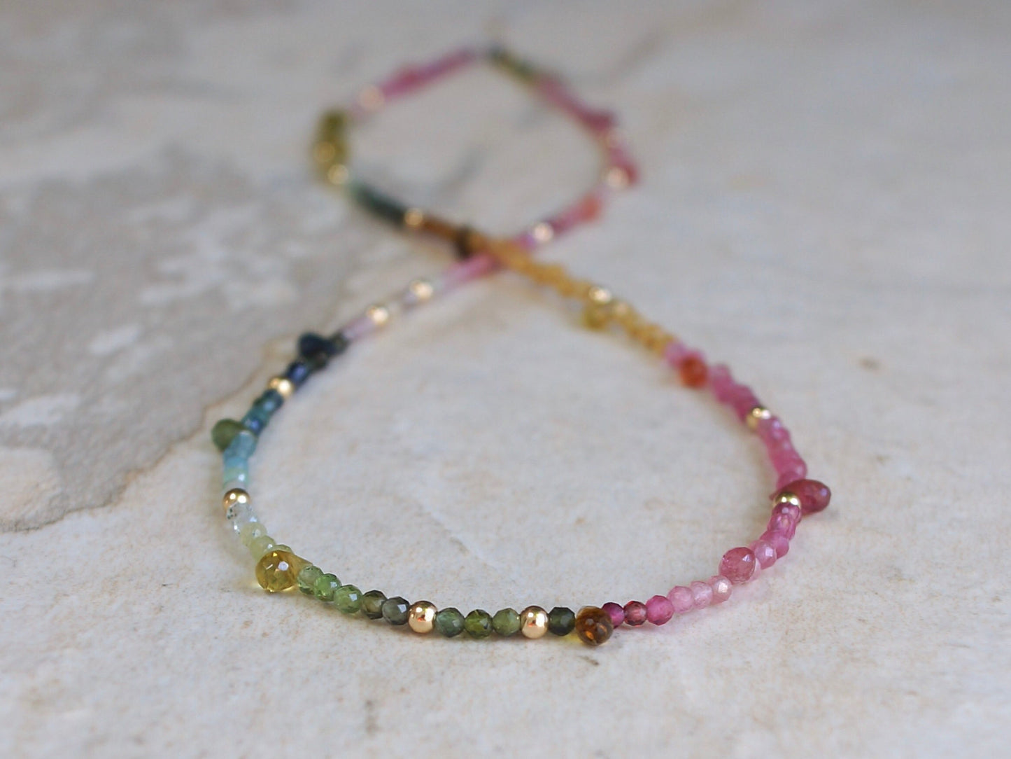 14K Solid Gold: Tourmaline Necklace| Watermelon| Pink| Blue| Green| Ombre| Gradient| Multi Color Gemstone| Fine Jewelry| Skinny