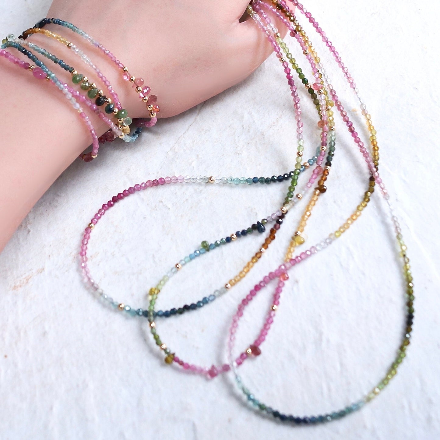 14K Solid Gold: Tourmaline Necklace| Watermelon| Pink| Blue| Green| Ombre| Gradient| Multi Color Gemstone| Fine Jewelry| Skinny