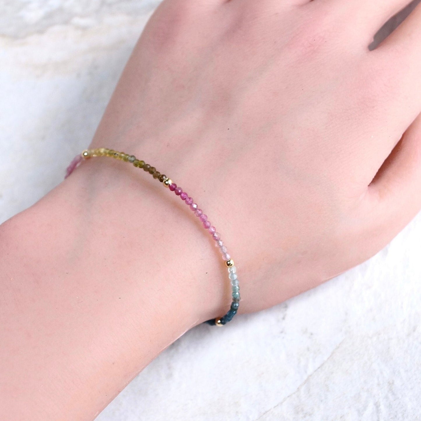 14K Solid Gold: Watermelon Tourmaline Beaded Bracelet | 2.5 mm | Pink Tourmaline | Layered Gemstone Bracelet | Fine Jewelry | Chakra