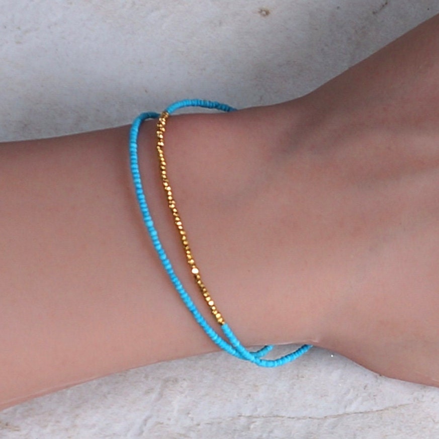 14K Solid Gold: Tiny 1.5mm Turquoise Bead Bracelet, Stacking Bracelet, Extra Dainty Jewelry, 1.5mm, Fine Jewelry, Matt Turquoise, Skinny