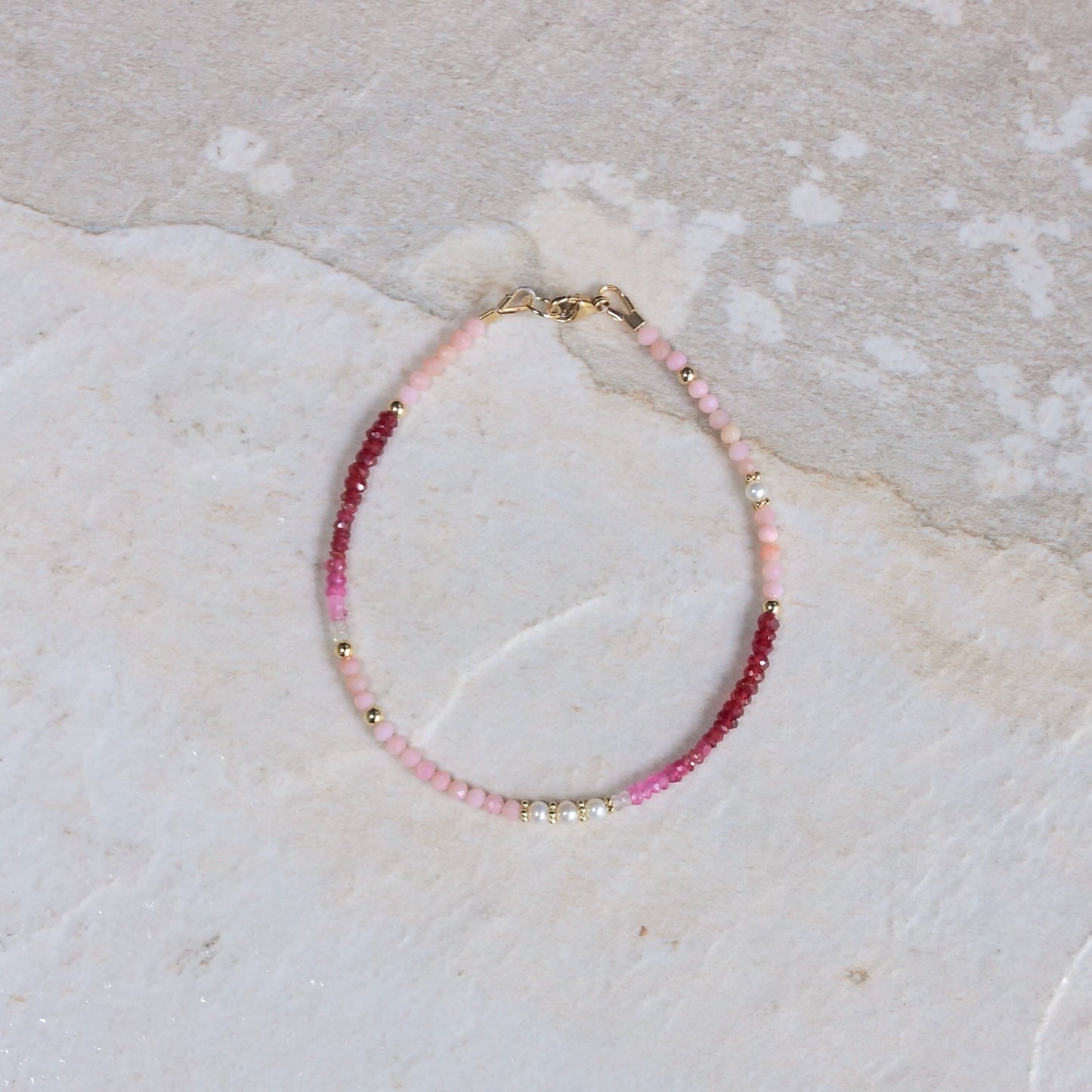 14K Solid Gold: Ruby & Pink Opal Bracelet | Ombre Ruby| Gradient Pink Bracelet| Boho| Natural| Skinny Bead Bracelet| Fine Jewelry