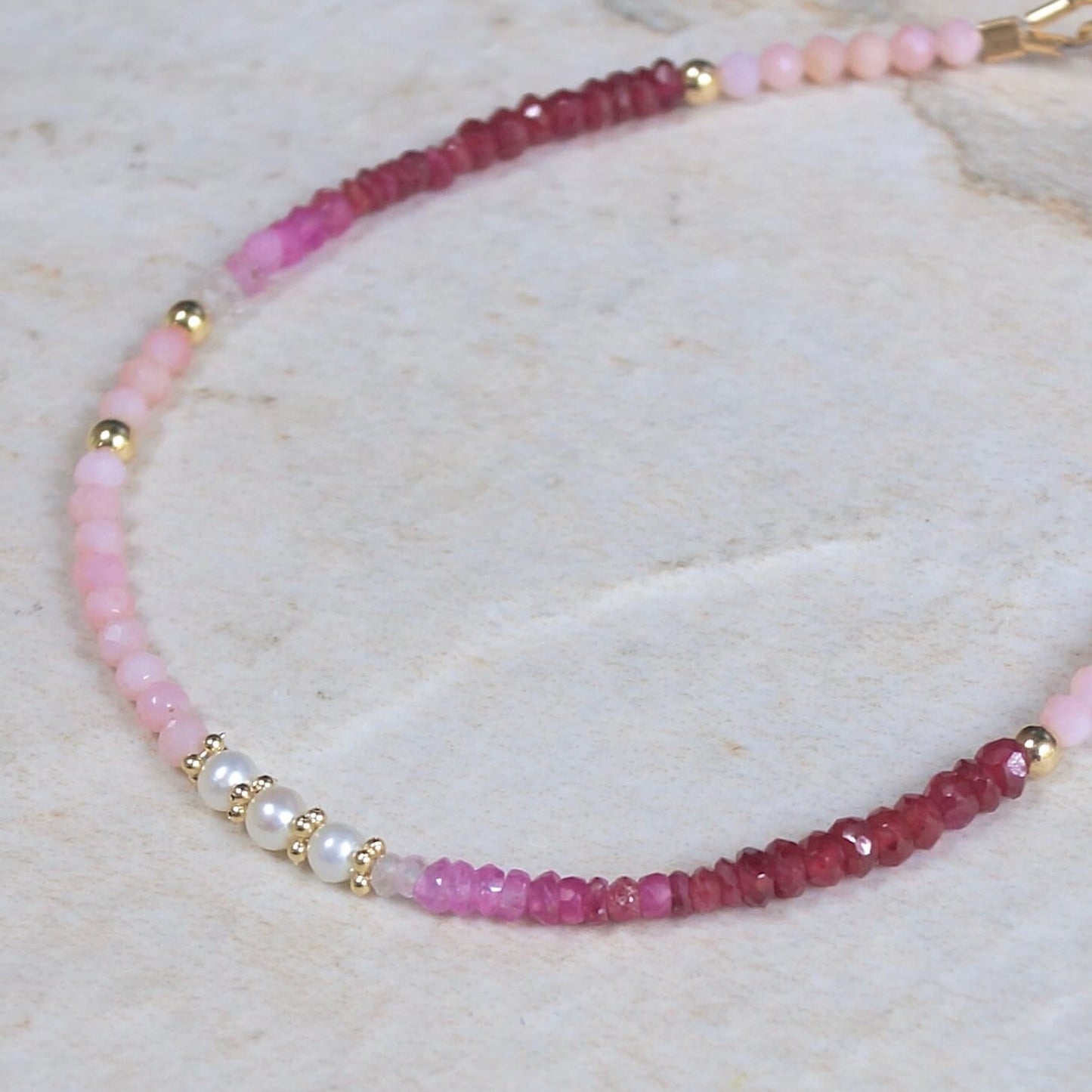 14K Solid Gold: Ruby & Pink Opal Bracelet | Ombre Ruby| Gradient Pink Bracelet| Boho| Natural| Skinny Bead Bracelet| Fine Jewelry