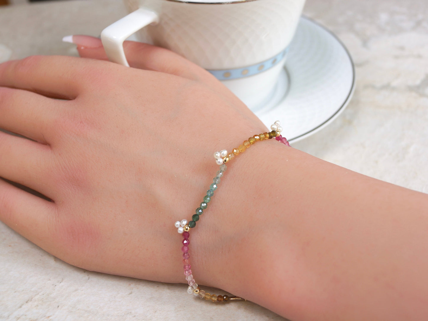 14K Solid Gold: Tourmaline Bracelet | 2.5mm | Charm Bracelet | Watermelon| Multi Color| Ombre Tourmaline| Fine Jewelry