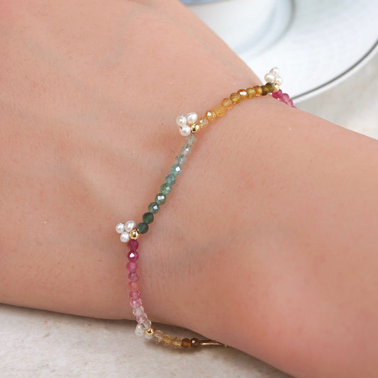 14K Solid Gold: Tourmaline Bracelet | 2.5mm | Charm Bracelet | Watermelon| Multi Color| Ombre Tourmaline| Fine Jewelry