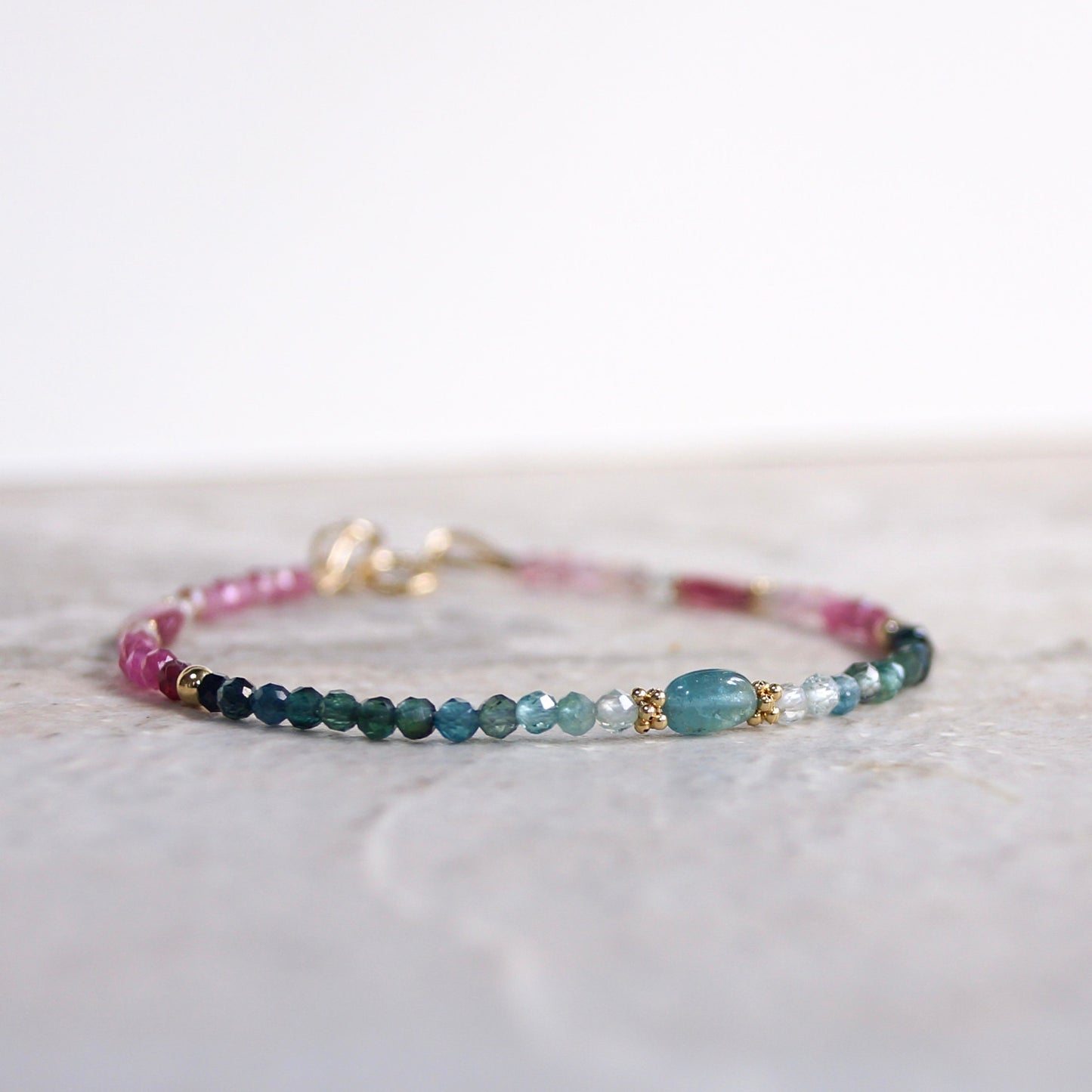 14K Solid Gold: Teal Blue Tourmaline Bead Bracelet, Shaded Pink Blue, Stacking Gemstone Bracelet, Fine Jewelry, Ombre, Chakra, Fine Jewelry