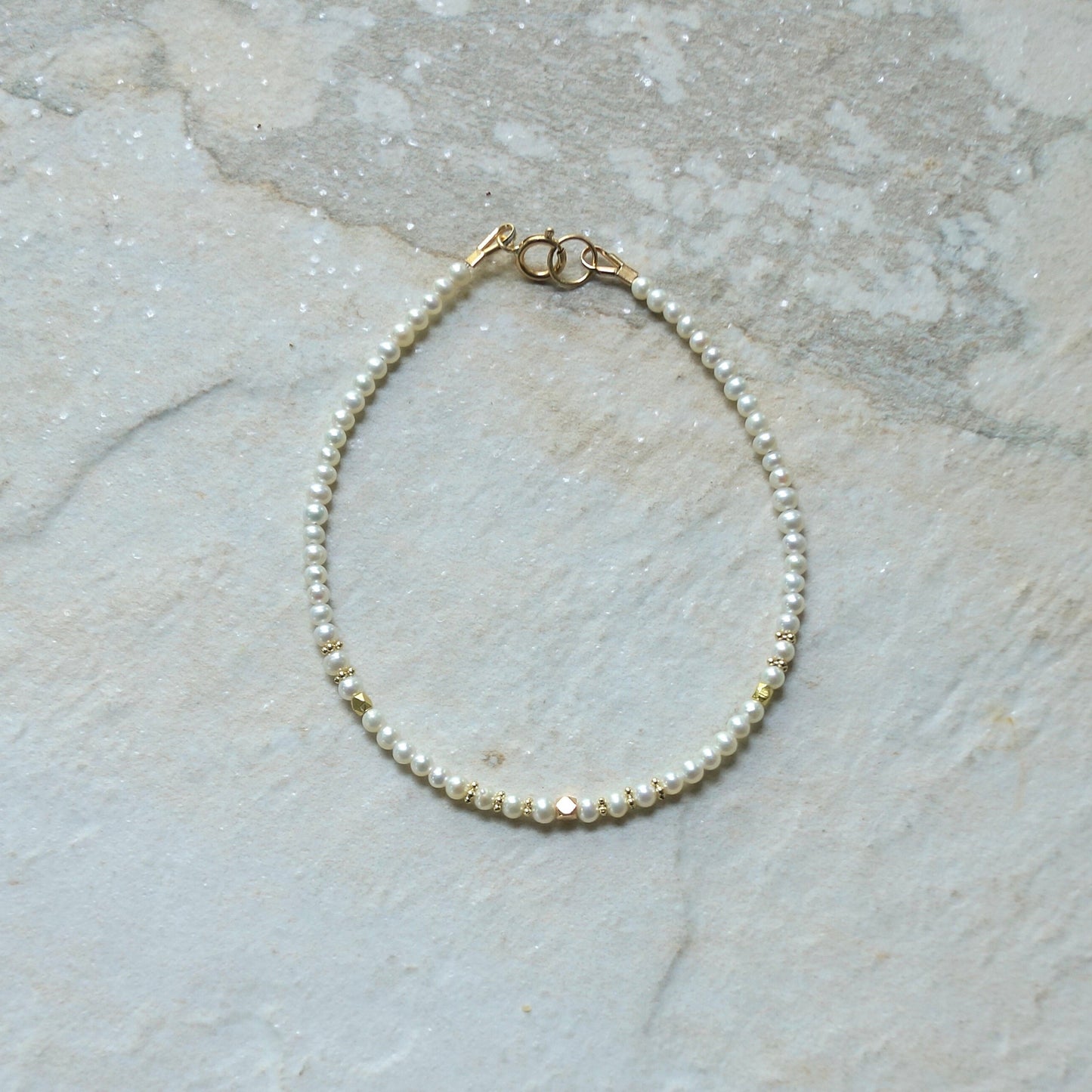 14K Solid Gold: Natural Pearl Bracelet | 2.5-3mm| Cultured Pearl| High Luster Pearl| Fine Jewelry| AAA