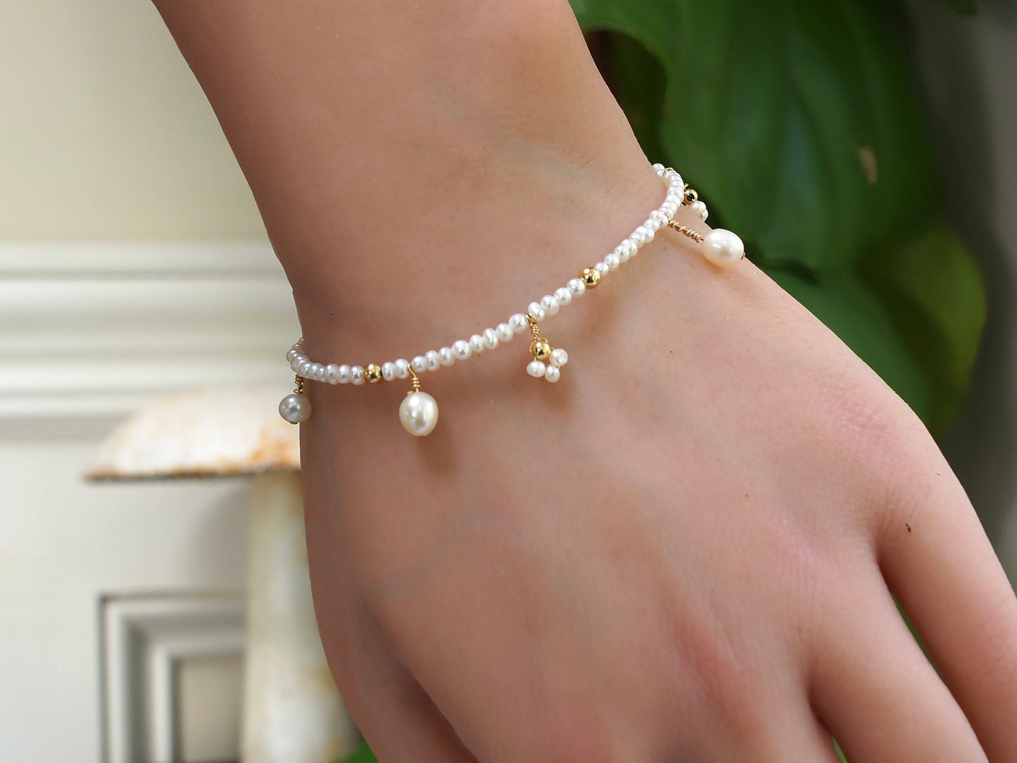 14K Solid Gold: Natural Pearl Bracelet| Cluster Pearl| 2.5mm| Bridal Jewelry| Fine Jewelry