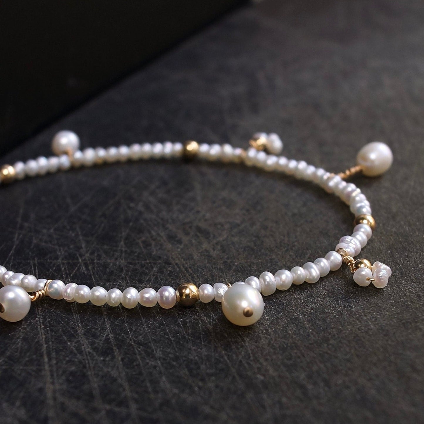 14K Solid Gold: Natural Pearl Bracelet| Cluster Pearl| 2.5mm| Bridal Jewelry| Fine Jewelry