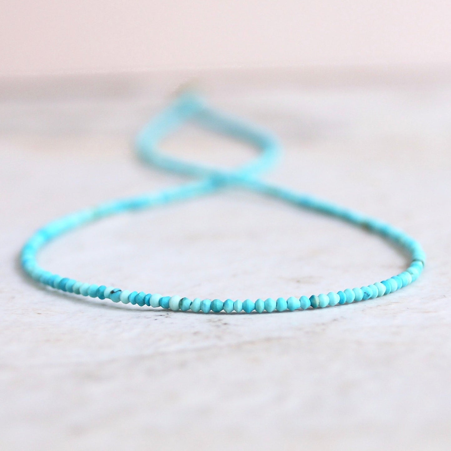 14K Solid Gold: Tiny 1.5mm Turquoise Bead Necklace, Layered Necklace, Extra Dainty Jewelry, 1.5mm, Fine Jewelry, Matt Turquoise, Skinny