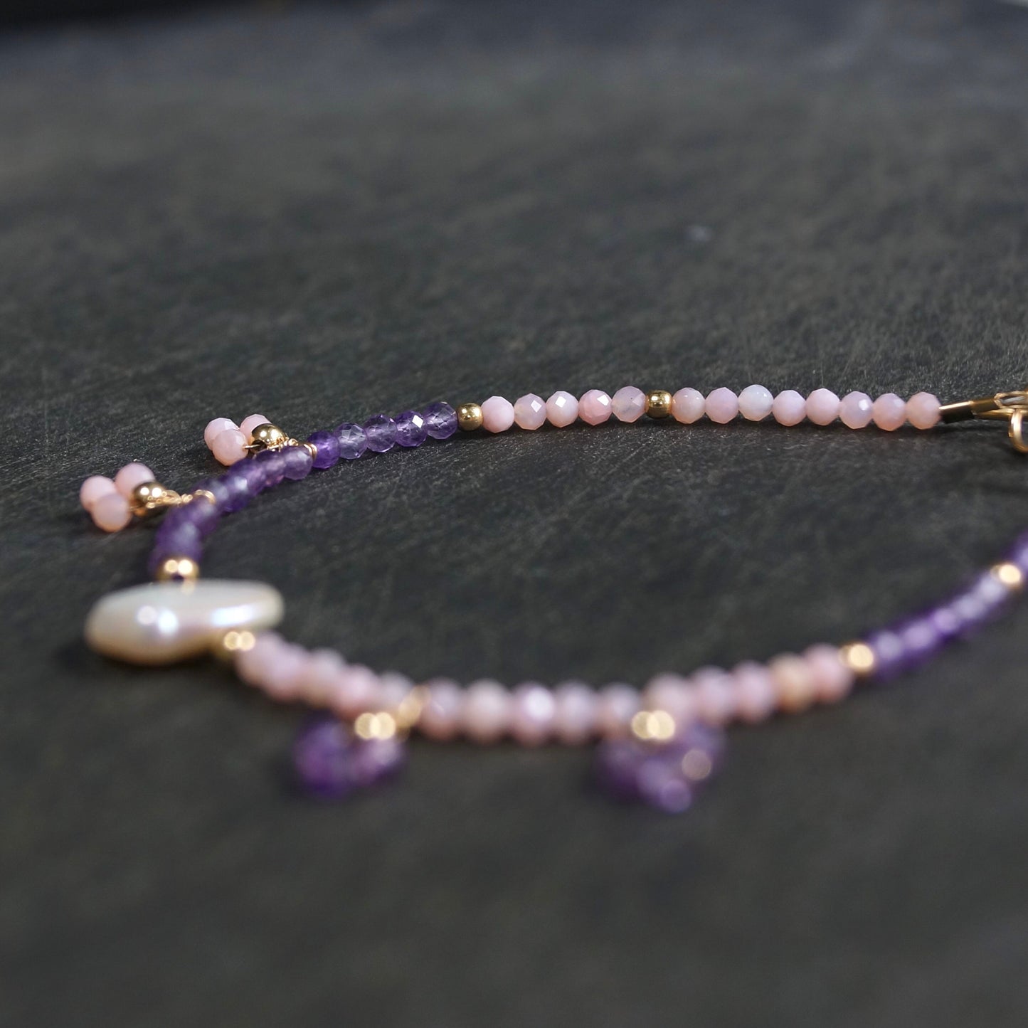 14K Solid Gold: Pink Opal Bracelet| Amethyst Bracelet| 2.5mm|  Fine Jewelry