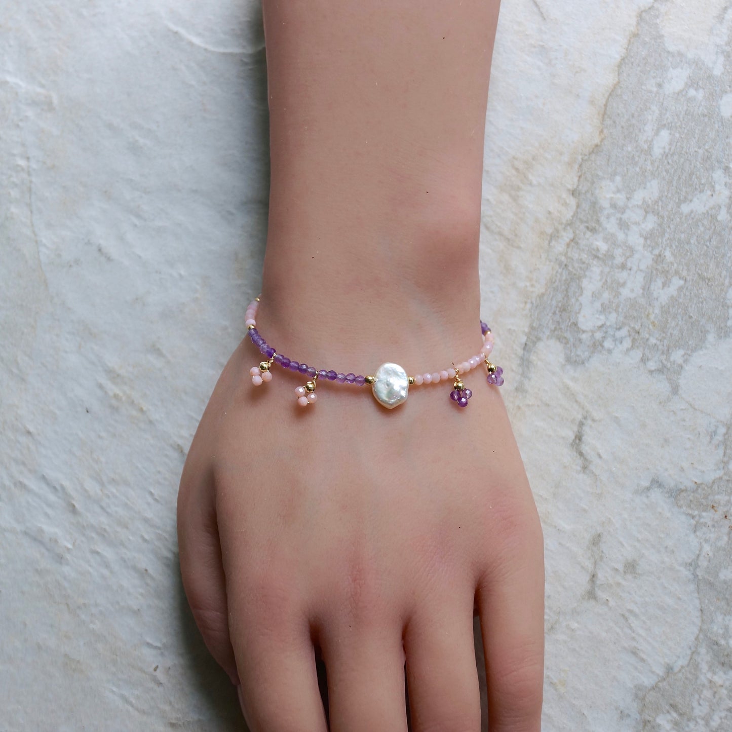 14K Solid Gold: Pink Opal Bracelet| Amethyst Bracelet| 2.5mm|  Fine Jewelry