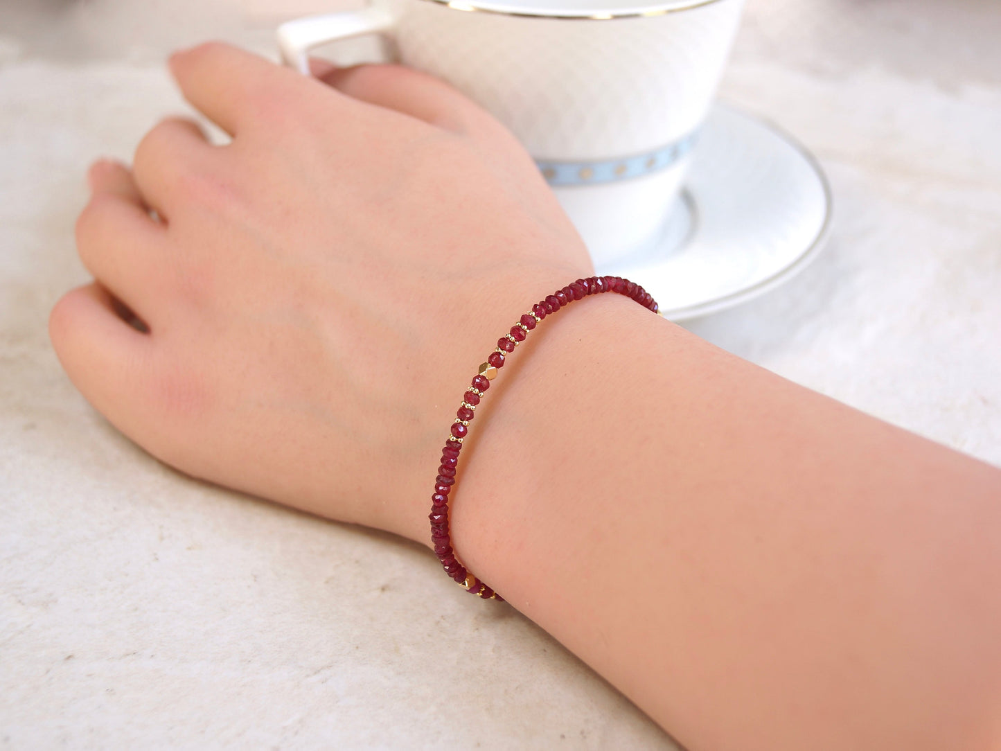 14K Solid Gold: Ruby Bead Bracelet | 2-2.5mm| Genuine Natural Ruby| Fine Jewelry