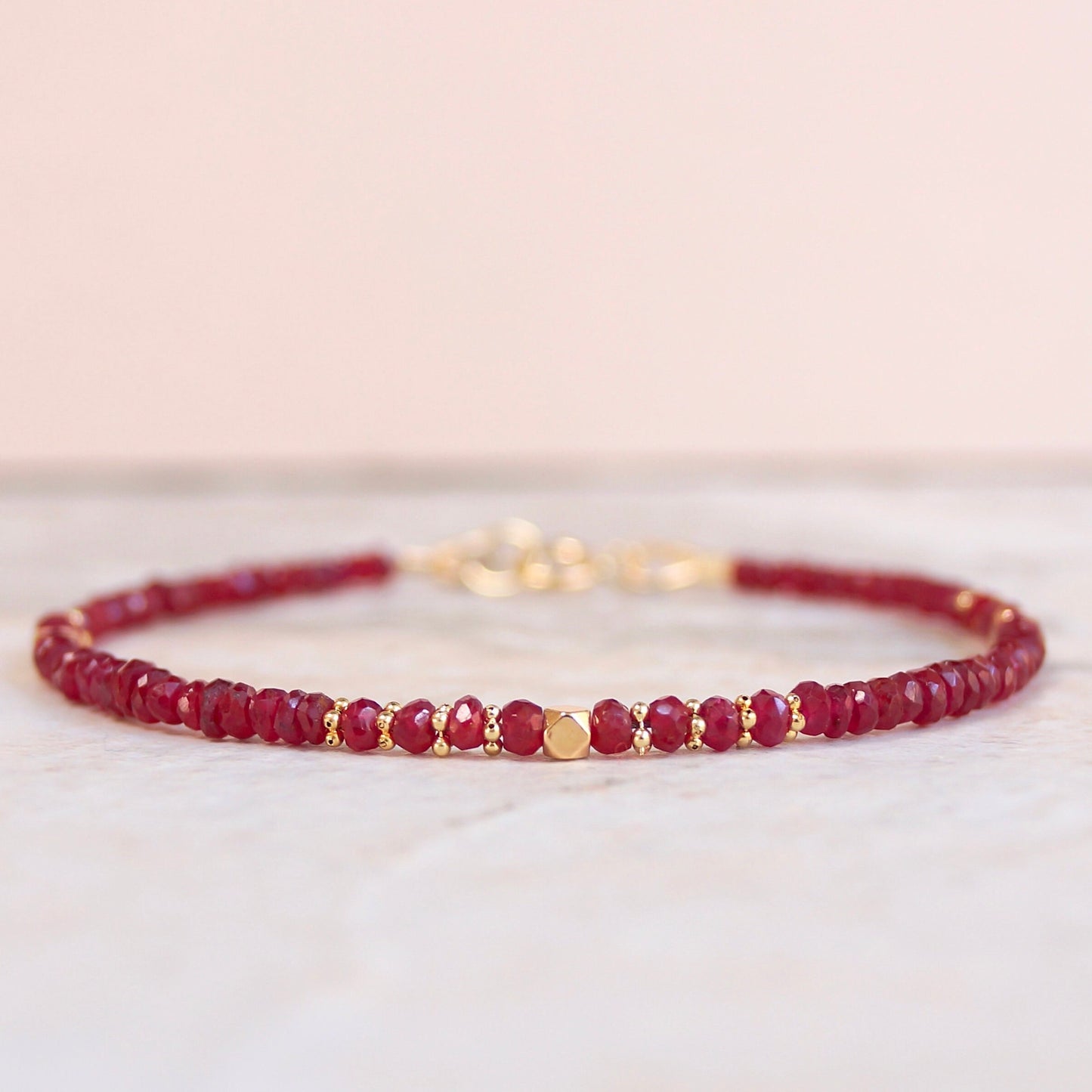 14K Solid Gold: Ruby Bead Bracelet | 2-2.5mm| Genuine Natural Ruby| Fine Jewelry