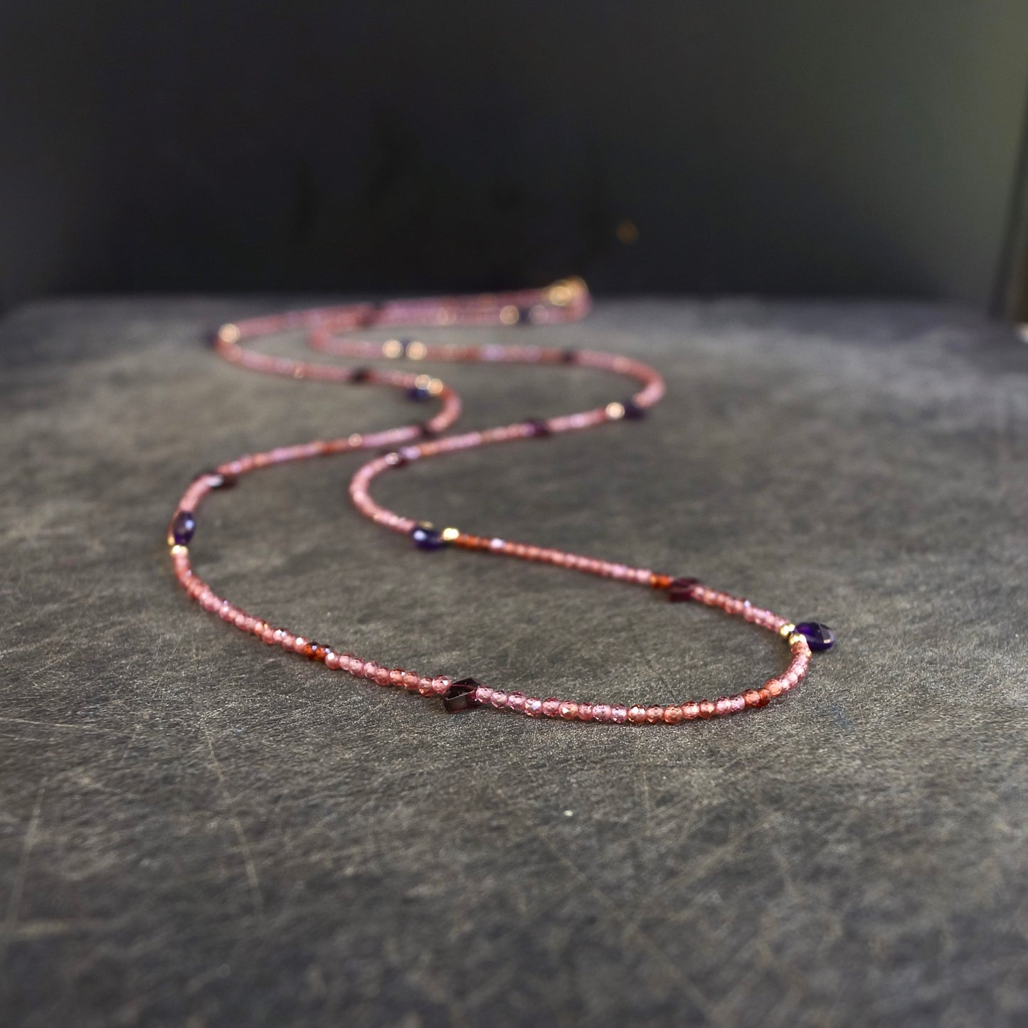 14K Solid Gold: Red Garnet Long Necklace| Amethyst| Fine Jewelry| Beaded Necklace| Delicate Jewelry