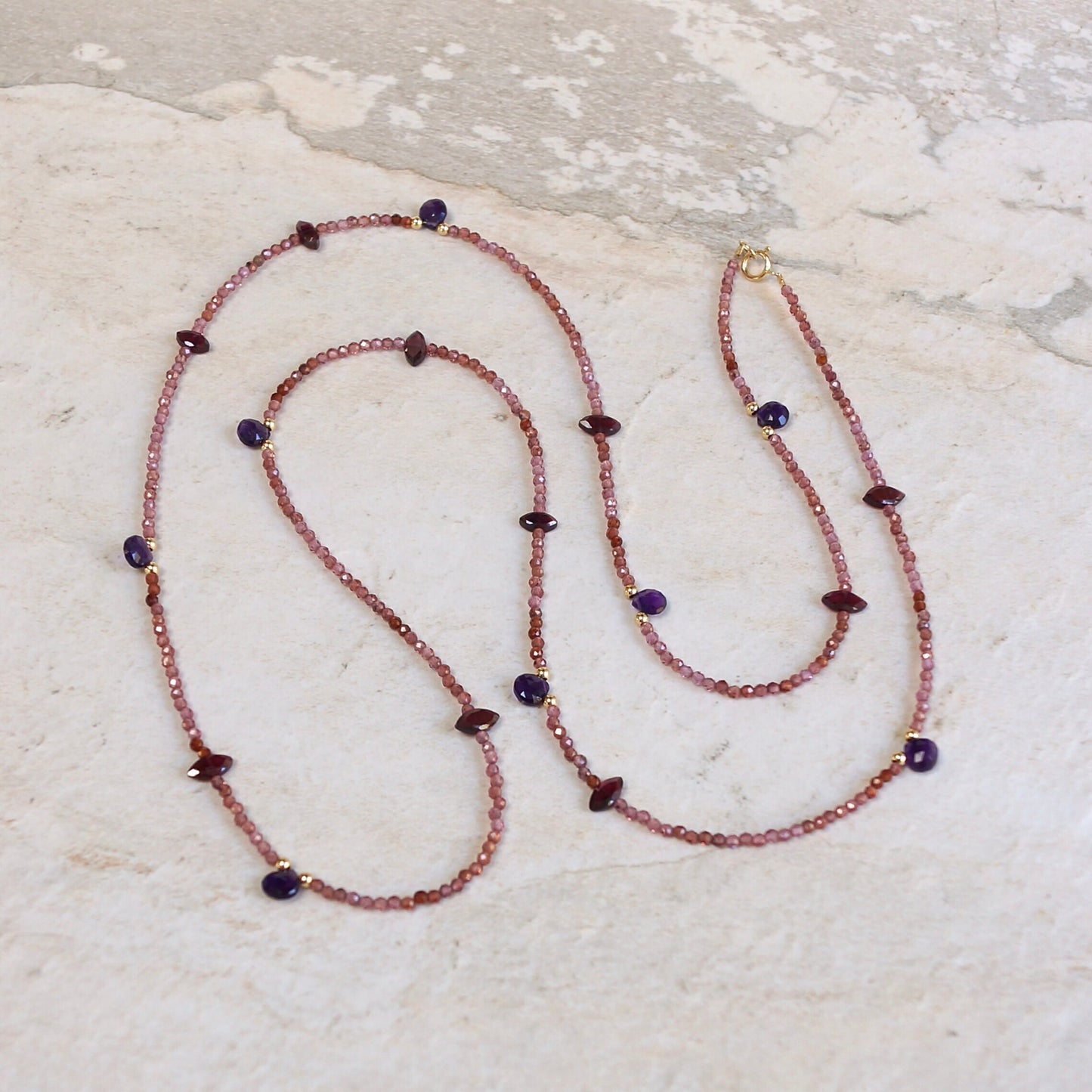 14K Solid Gold: Red Garnet Long Necklace| Amethyst| Fine Jewelry| Beaded Necklace| Delicate Jewelry