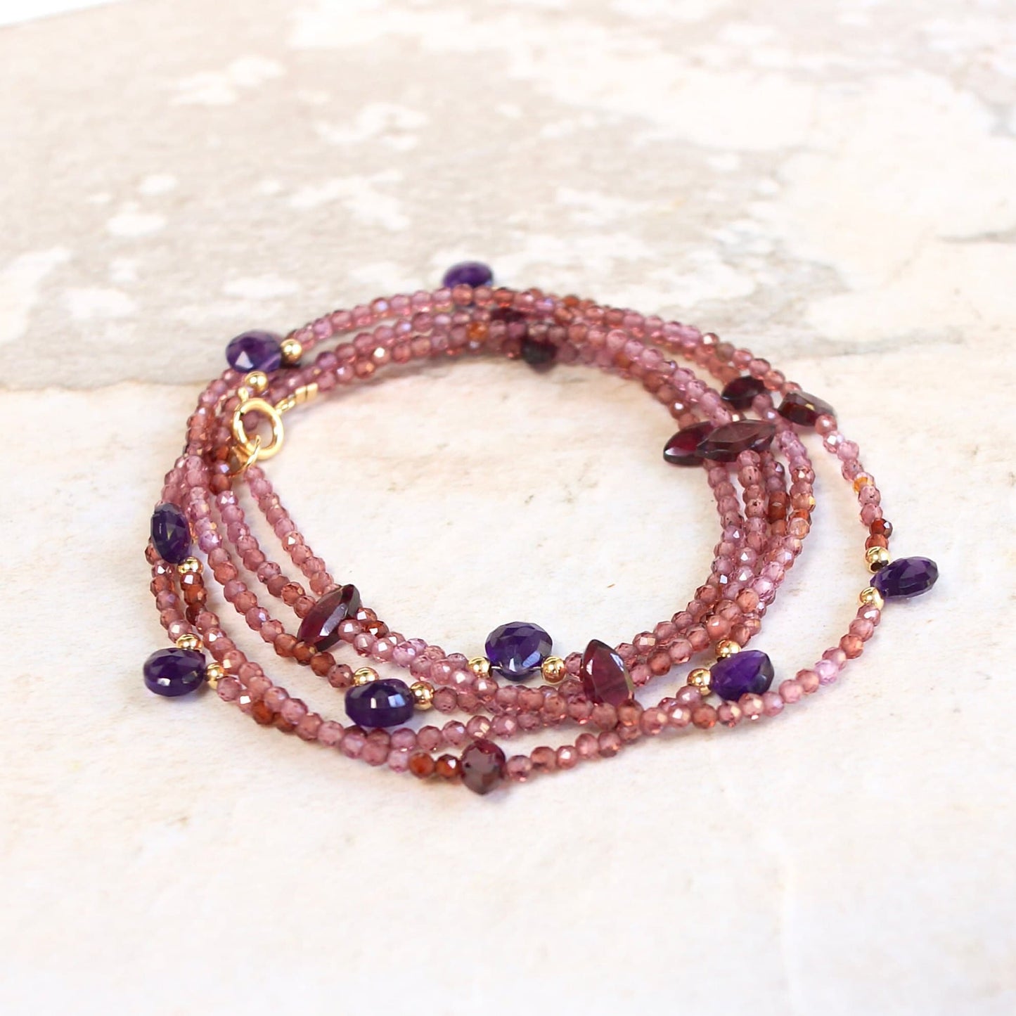 14K Solid Gold: Red Garnet Long Necklace| Amethyst| Fine Jewelry| Beaded Necklace| Delicate Jewelry