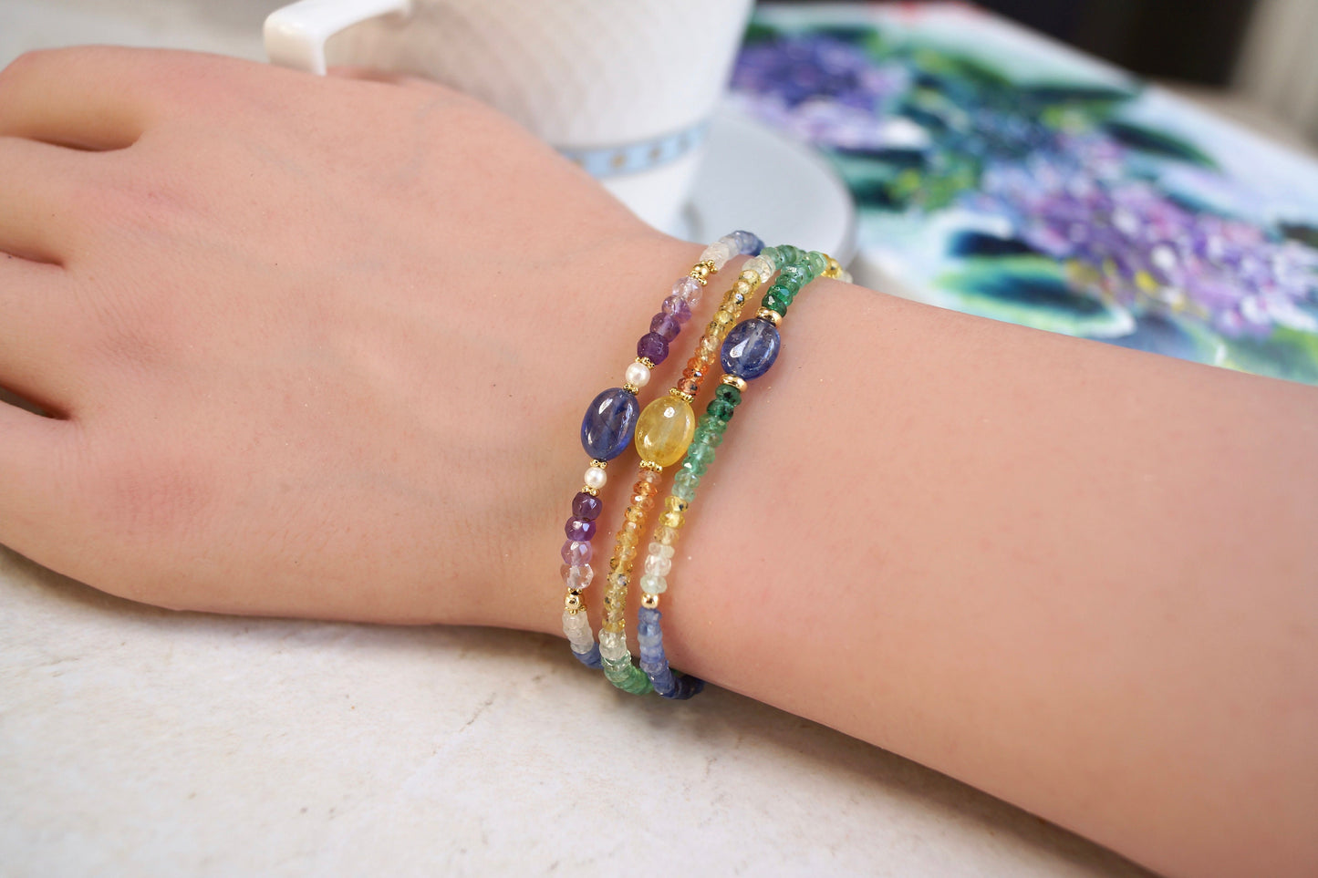 14K Solid Gold: Ombre Blue Sapphire| Natural Emerald| Gradient Bracelet| Fine Jewelry| Boho