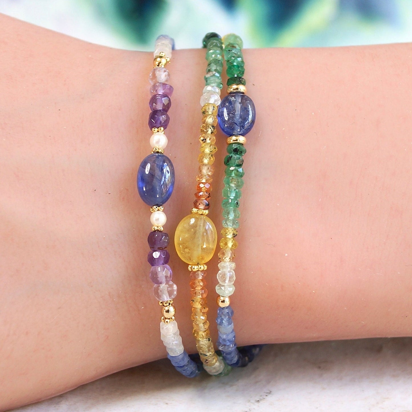 14K Solid Gold: Ombre Blue Sapphire| Natural Emerald| Gradient Bracelet| Fine Jewelry| Boho