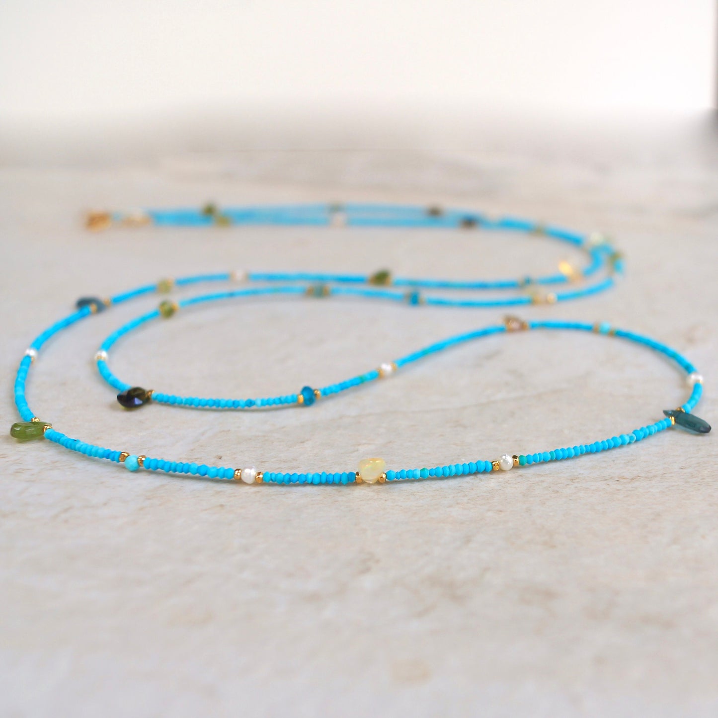 14K Solid Gold and Vermeil: 33" Turquoise Beaded Long Necklace, Skinny Layered Necklace, Fine Jewelry, Seed Beads, Tourmaline, 1.5mm