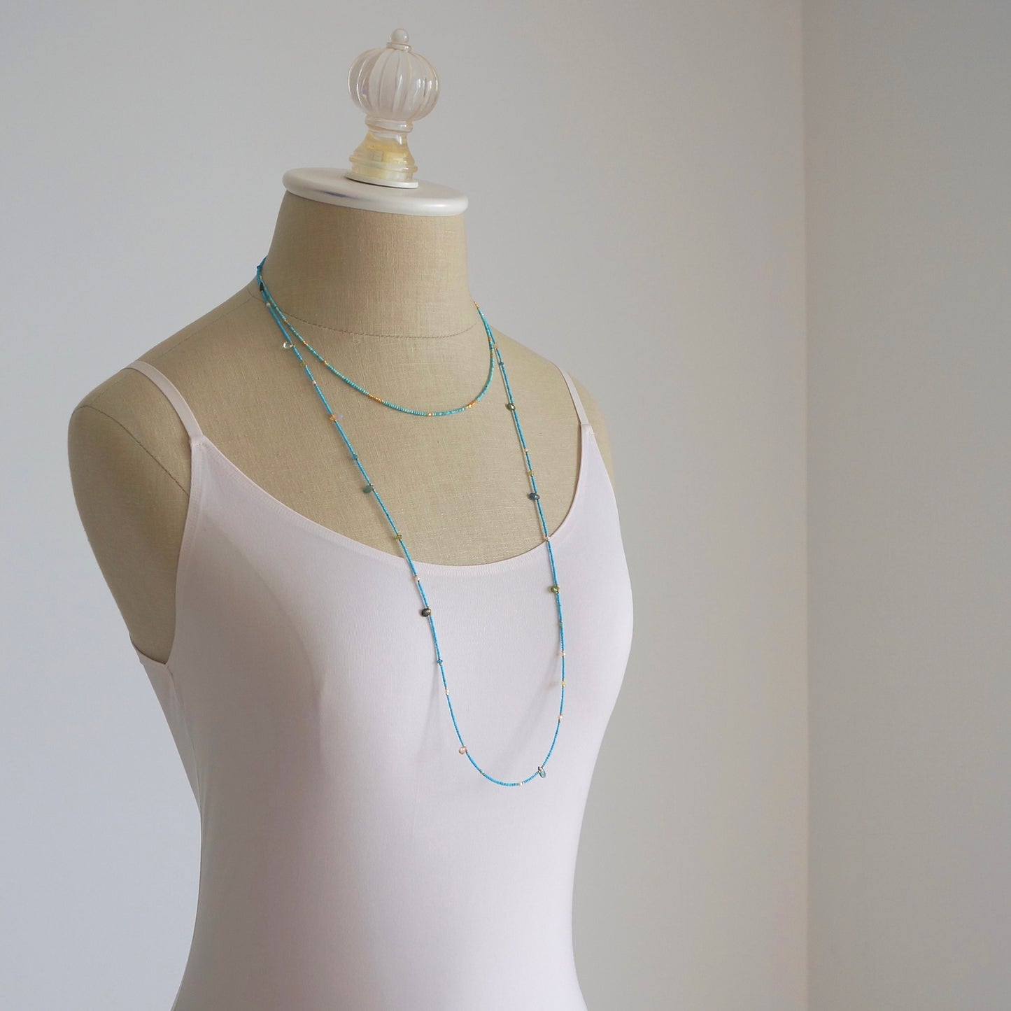 14K Solid Gold and Vermeil: 33" Turquoise Beaded Long Necklace, Skinny Layered Necklace, Fine Jewelry, Seed Beads, Tourmaline, 1.5mm