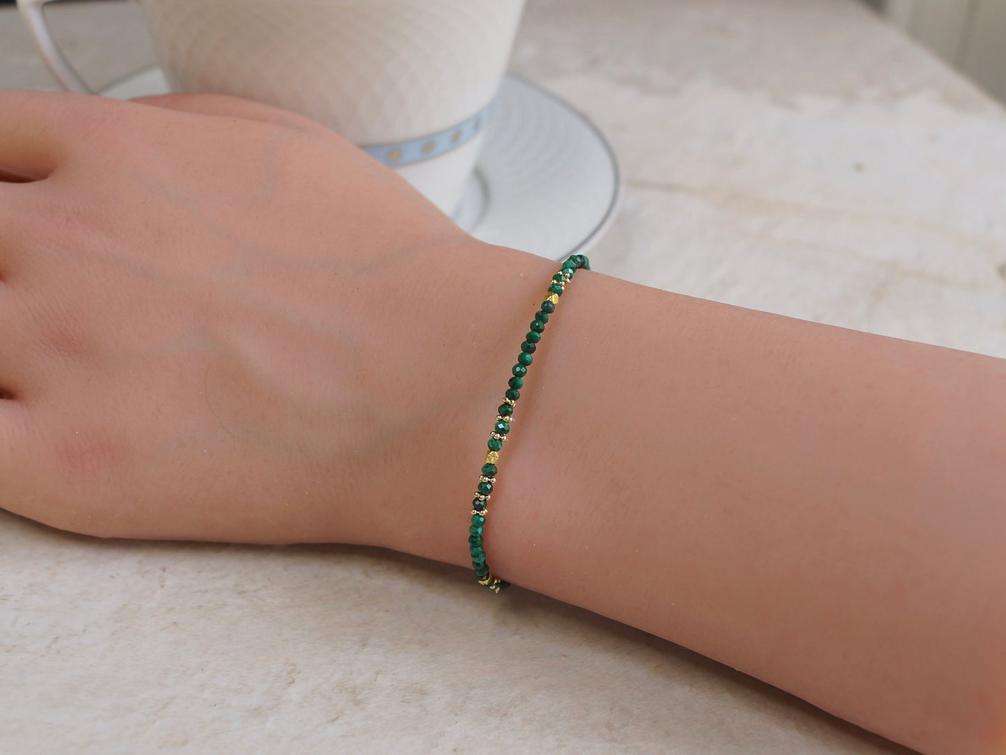 14K Solid Gold: Malachite Bracelet| 2.5mm| Green Malachite| Fine Jewelry