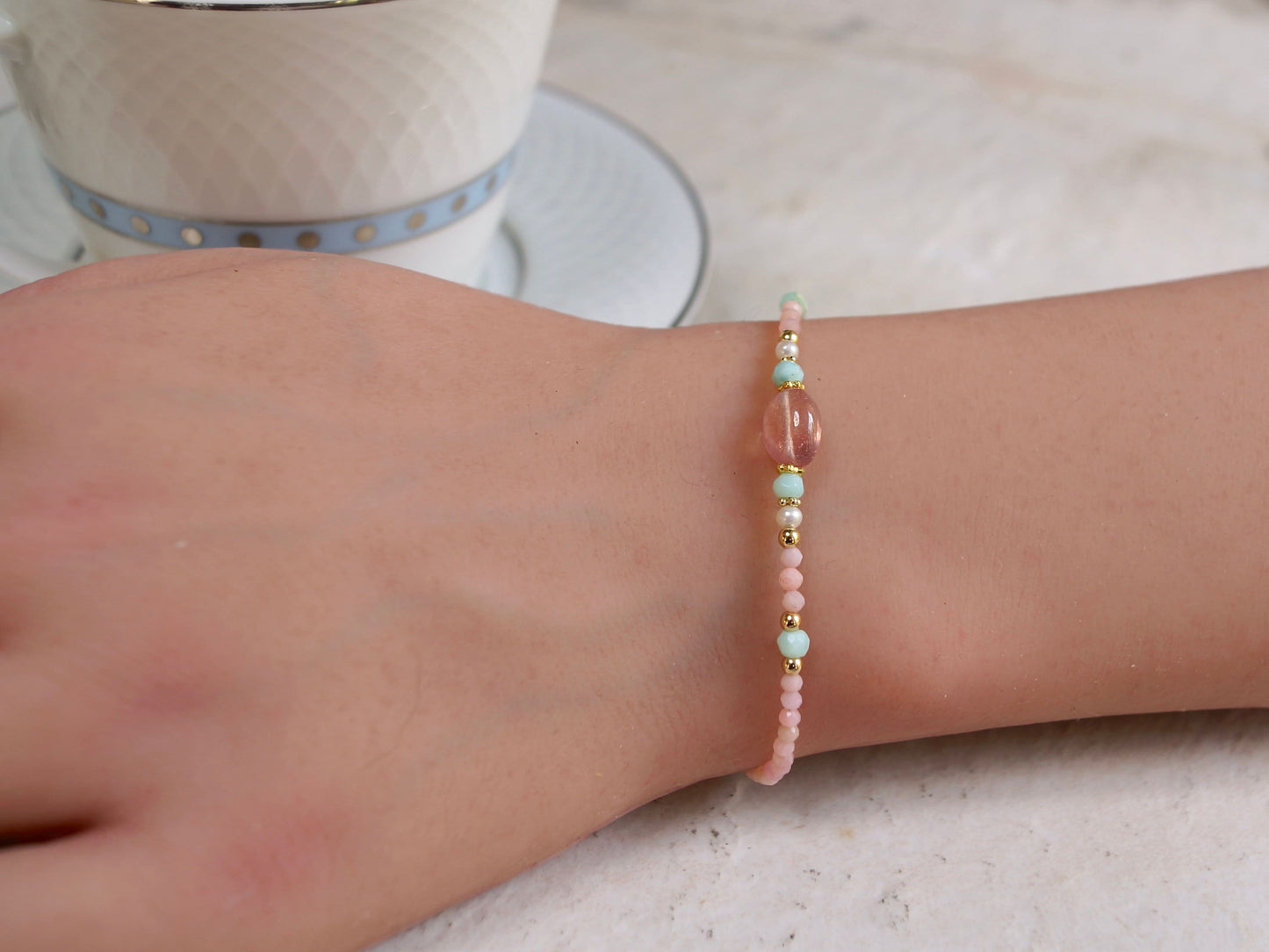 14K Solid Gold: Pink Opal Bracelet | Pink Sapphire| 2.5mm| Baby Pink Bracelet| Boho| Natural| Skinny Bead Bracelet| Fine Jewelry