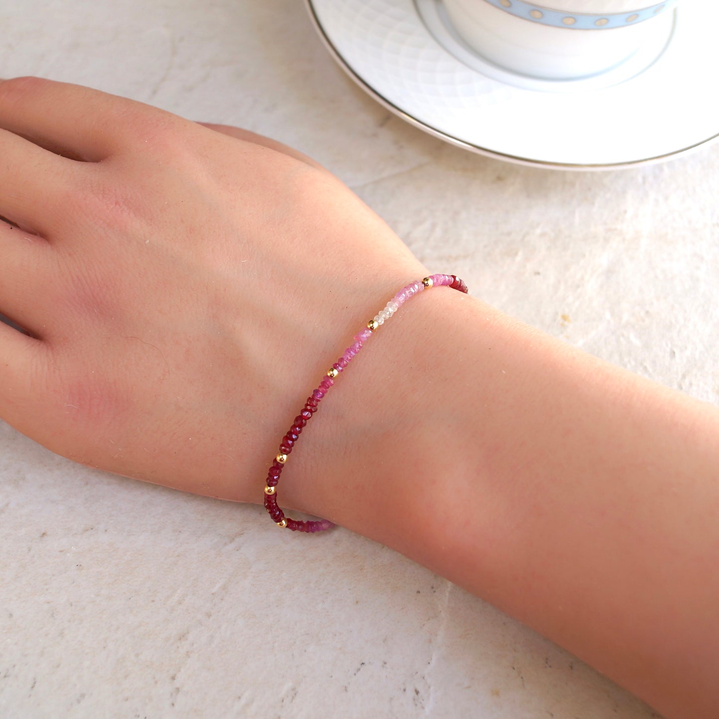 14K Solid Gold Ruby Bead Bracelet | 2 mm | Red Gradient | Natural Ruby | Stacking Bracelet | Dainty | Skinny | July Birthstone