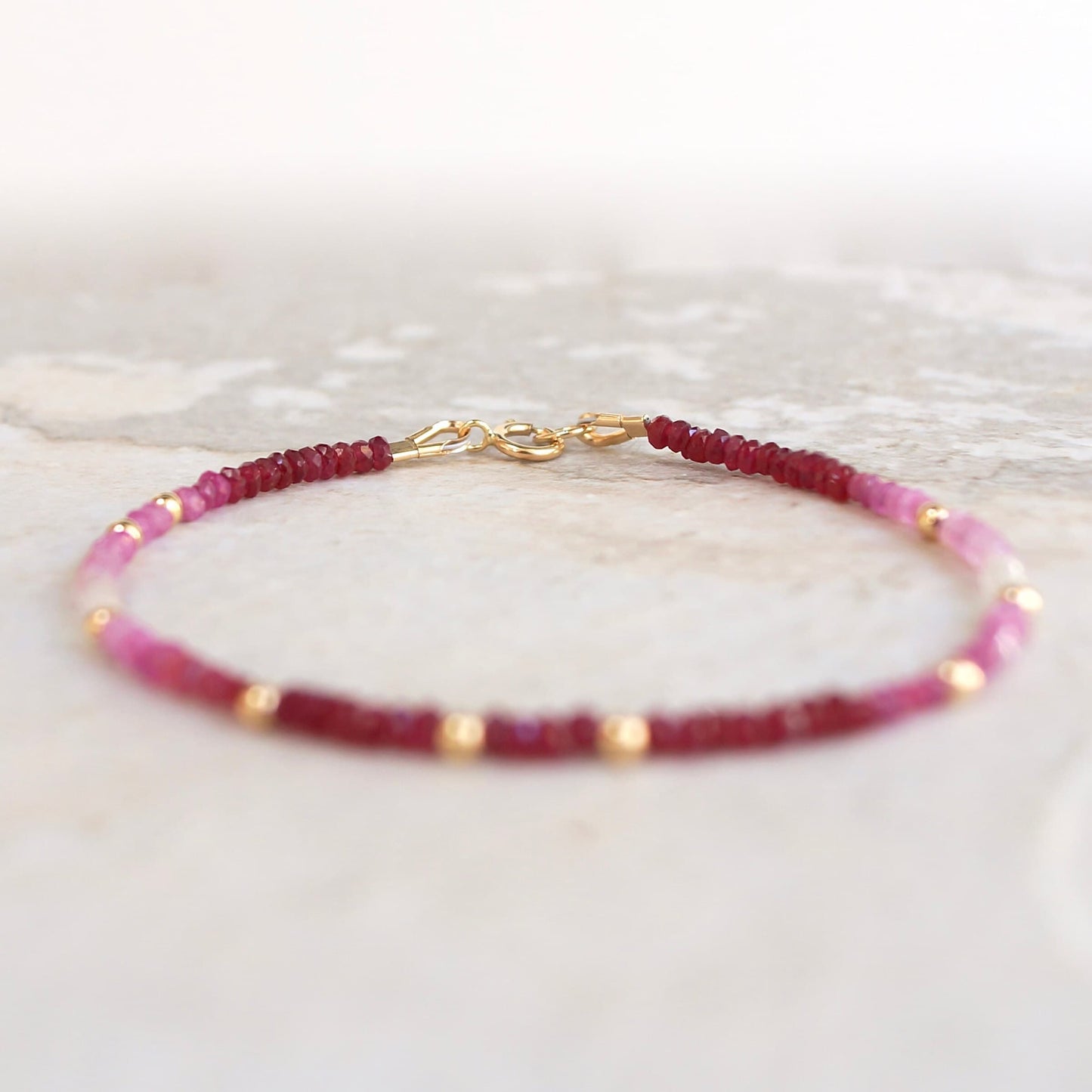 14K Solid Gold Ruby Bead Bracelet | 2 mm | Red Gradient | Natural Ruby | Stacking Bracelet | Dainty | Skinny | July Birthstone