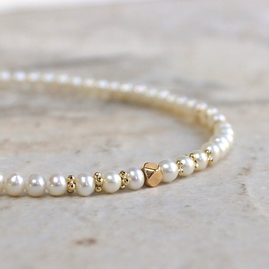 14K Solid Gold: Natural Pearl Bracelet | 2.5-3mm| Cultured Pearl| High Luster Pearl| Fine Jewelry| AAA