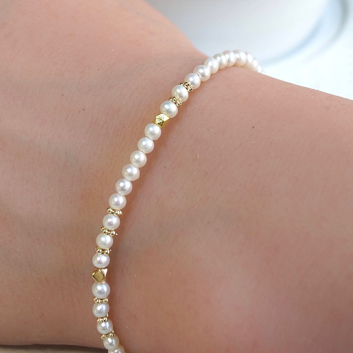 14K Solid Gold: Natural Pearl Bracelet | 2.5-3mm| Cultured Pearl| High Luster Pearl| Fine Jewelry| AAA