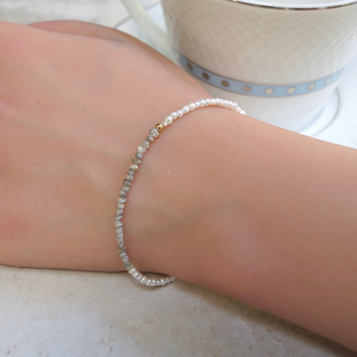 14K Solid Gold: Raw Diamond Bracelet | Rough Diamond| Natural Pearl Bracelet | Natural Diamond | Salt & Pepper | Gray Blue Brown