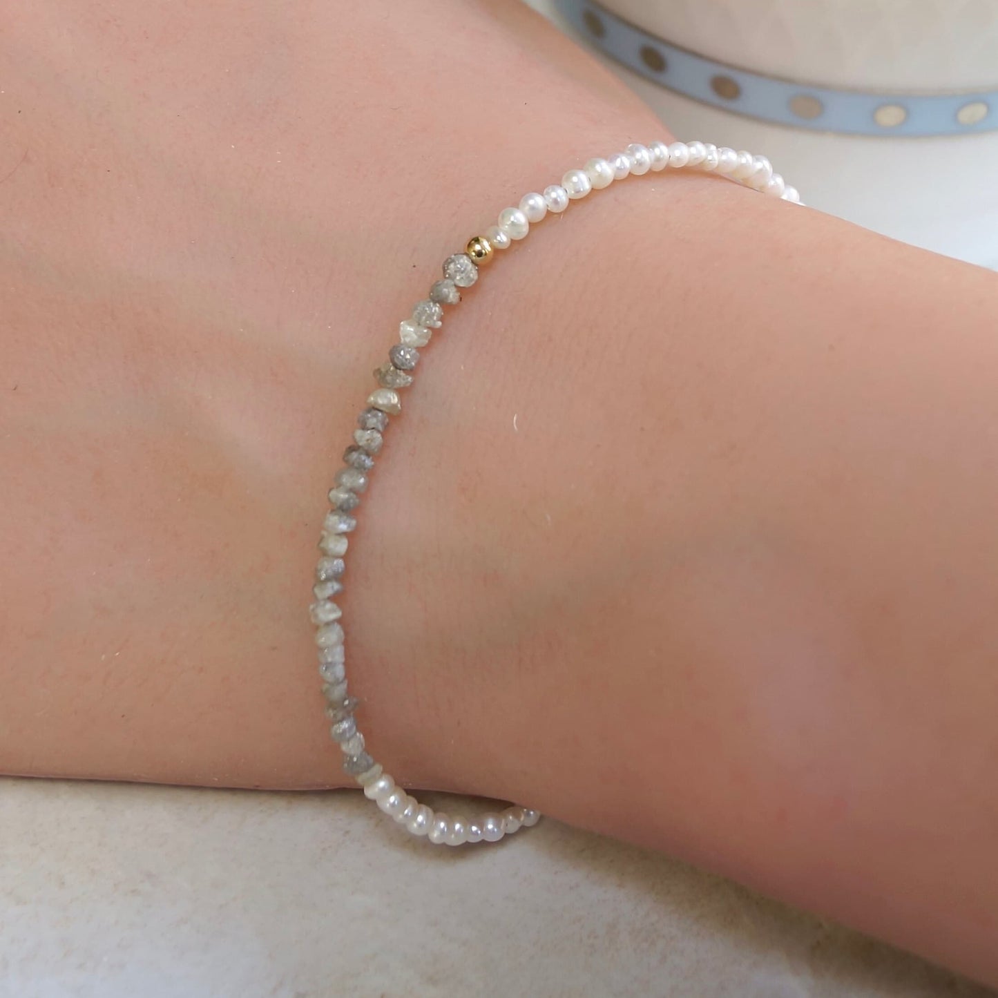 14K Solid Gold: Raw Diamond Bracelet | Rough Diamond| Natural Pearl Bracelet | Natural Diamond | Salt & Pepper | Gray Blue Brown