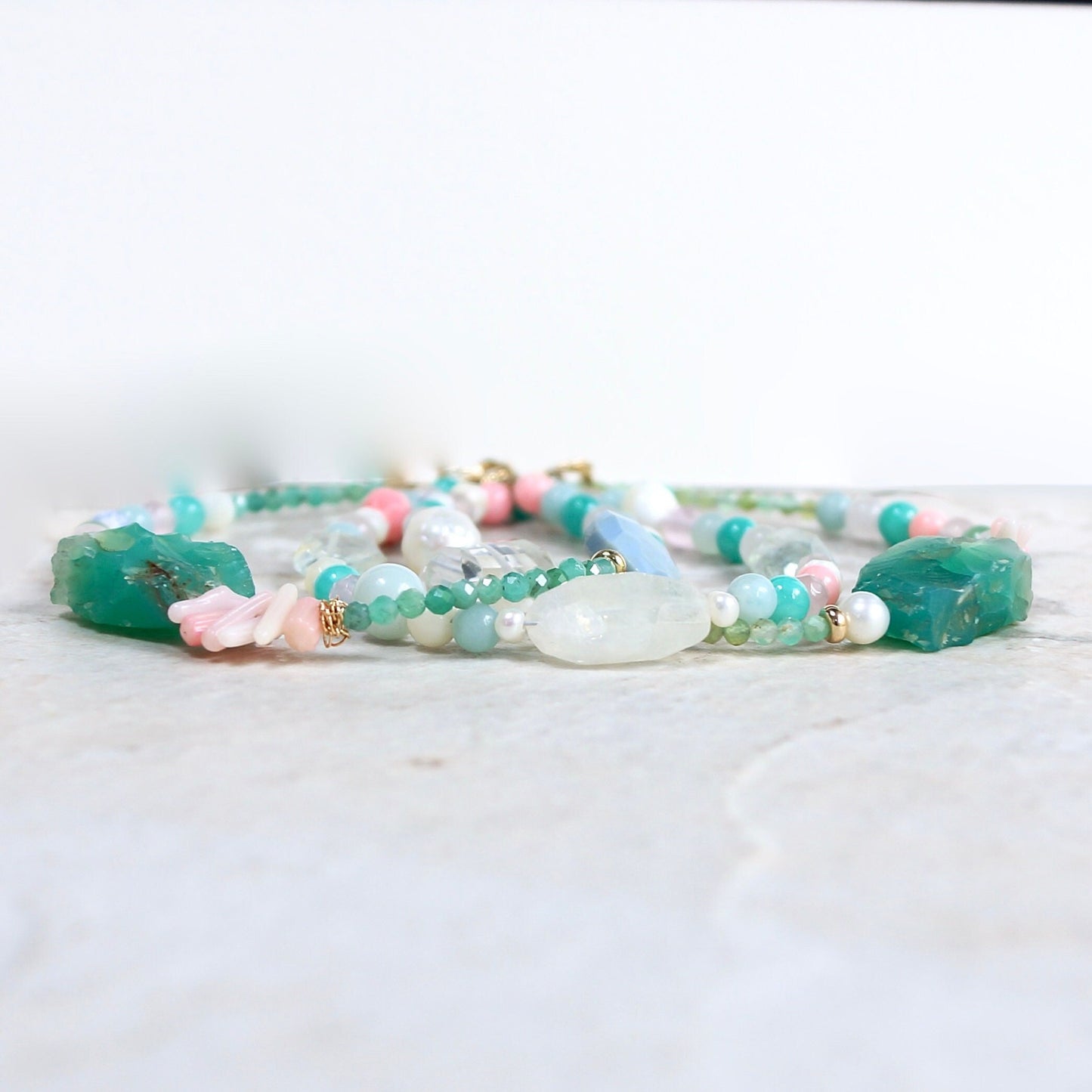 14K Solid Gold: Raw Amazonite Quartz Bead Bracelet | Emerald | Pastel Rainbow Gemstones | Bohemian | Pastel Green and Pink | Fine Jewelry