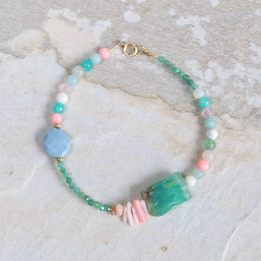 14K Solid Gold: Raw Amazonite Quartz Bead Bracelet | Emerald | Pastel Rainbow Gemstones | Bohemian | Pastel Green and Pink | Fine Jewelry