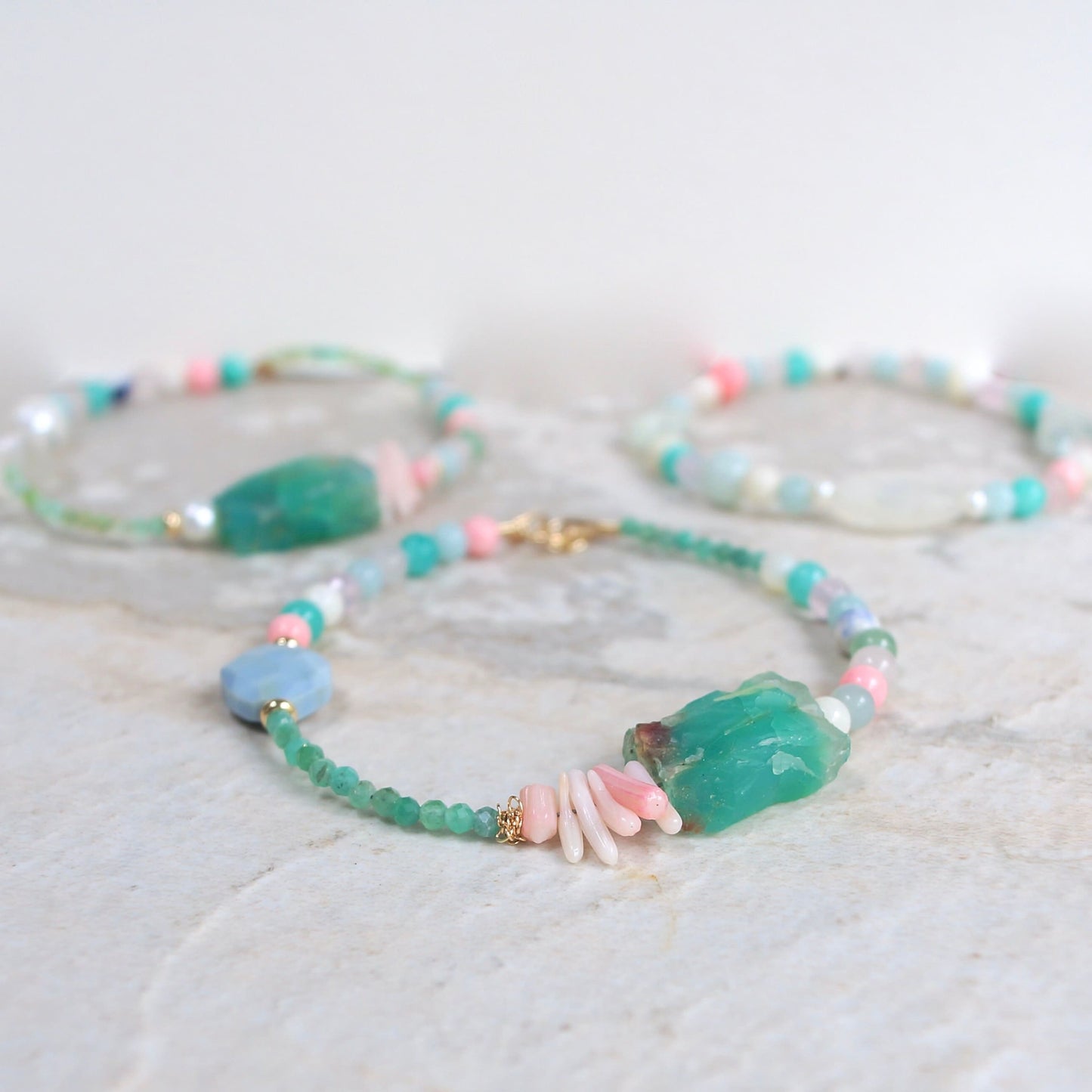 14K Solid Gold: Raw Amazonite Quartz Bead Bracelet | Emerald | Pastel Rainbow Gemstones | Bohemian | Pastel Green and Pink | Fine Jewelry