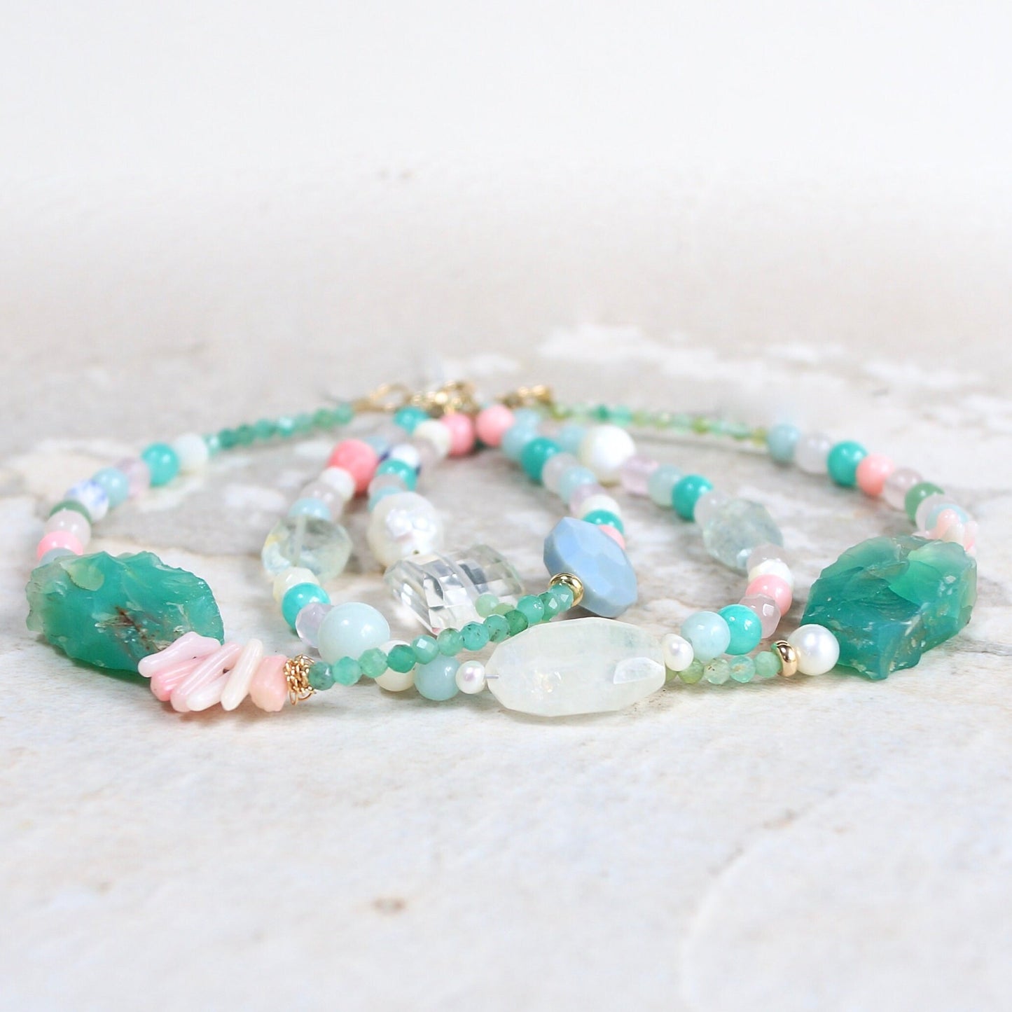 14K Solid Gold: Moonstone Bead Bracelet | Pastel Rainbow Gemstones | Boho Bracelet | Pastel Green and Pink | Pastel Colors | Healing