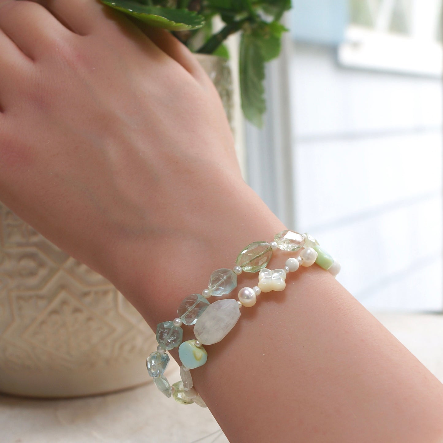 14K Solid Gold: Blue Opal Bead Bracelet | Natural Pearl | White Gemstones | Boho Bracelet | Pastel Colors