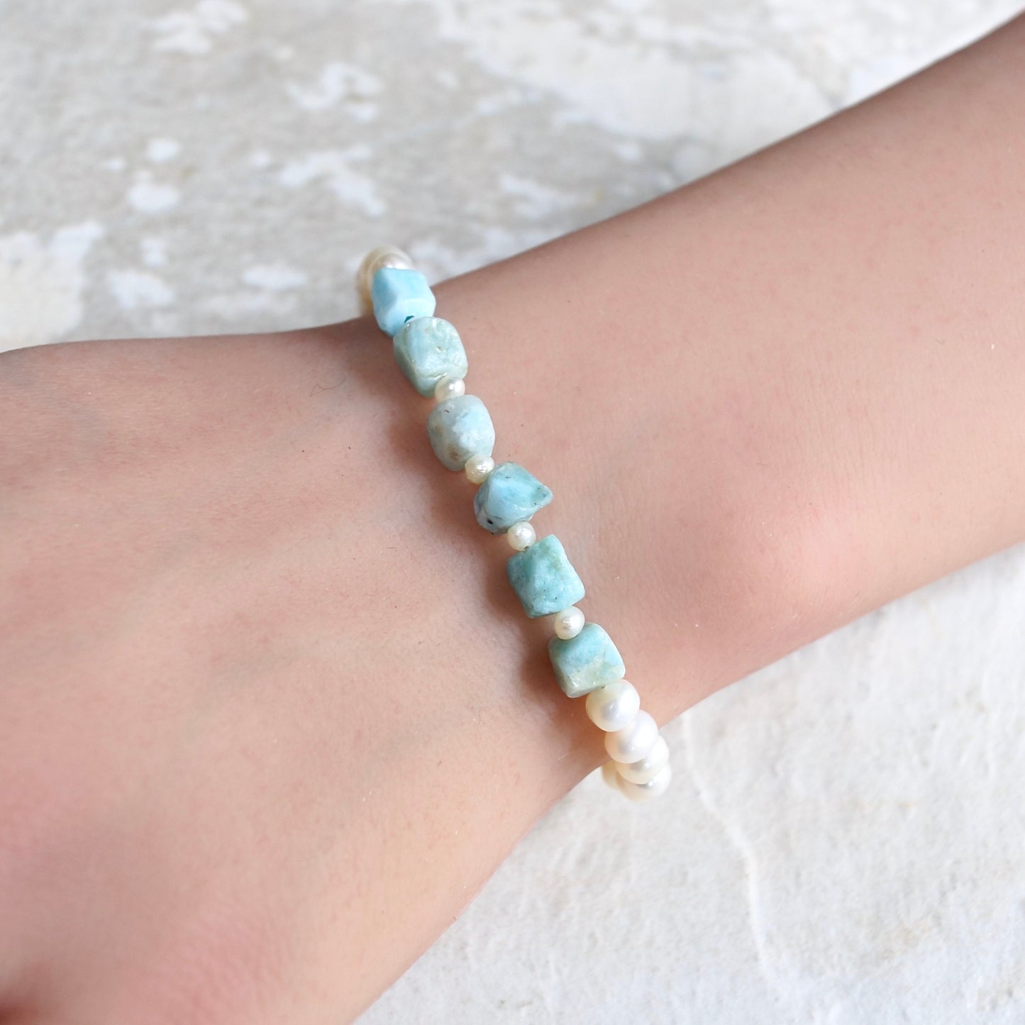 14K Solid Gold: Larimar Bead Bracelet | Natural Pearl | Pastel Blue Gemstones | Bohemian | Cube | Raw Larimar | Fine Jewelry