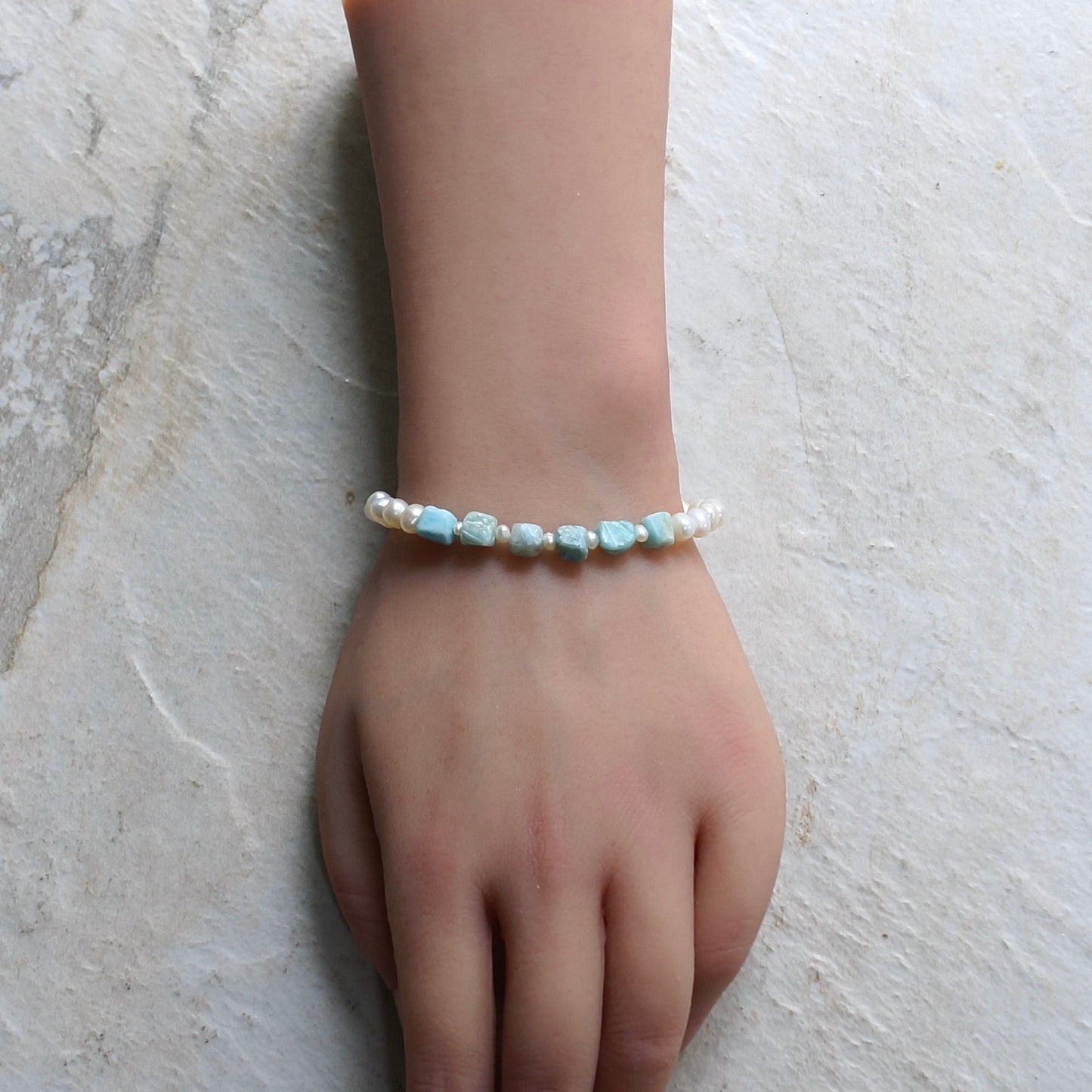 14K Solid Gold: Larimar Bead Bracelet | Natural Pearl | Pastel Blue Gemstones | Bohemian | Cube | Raw Larimar | Fine Jewelry