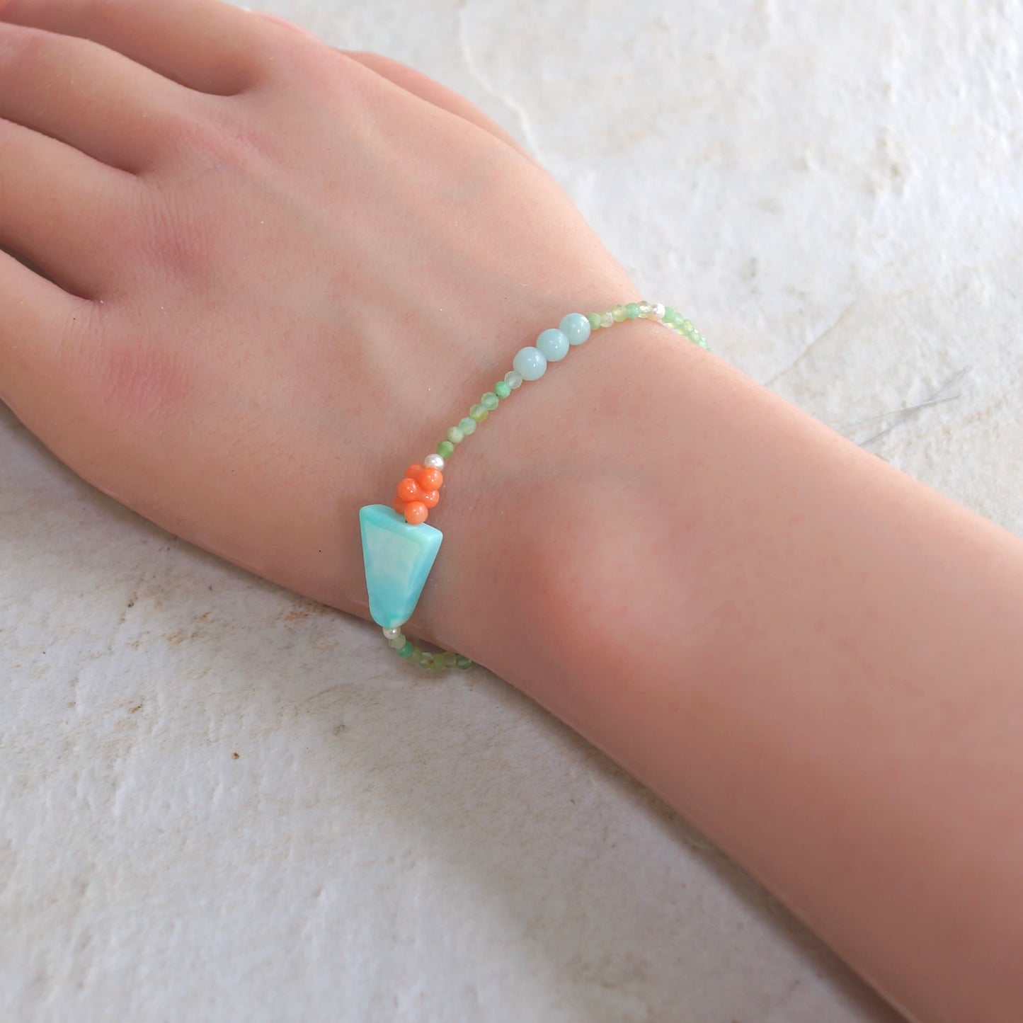 14K Solid Gold: Blue Opal Bracelet | Pastel Rainbow Gemstones | Bohemian | Pastel Green and Pink | Fine Jewelry